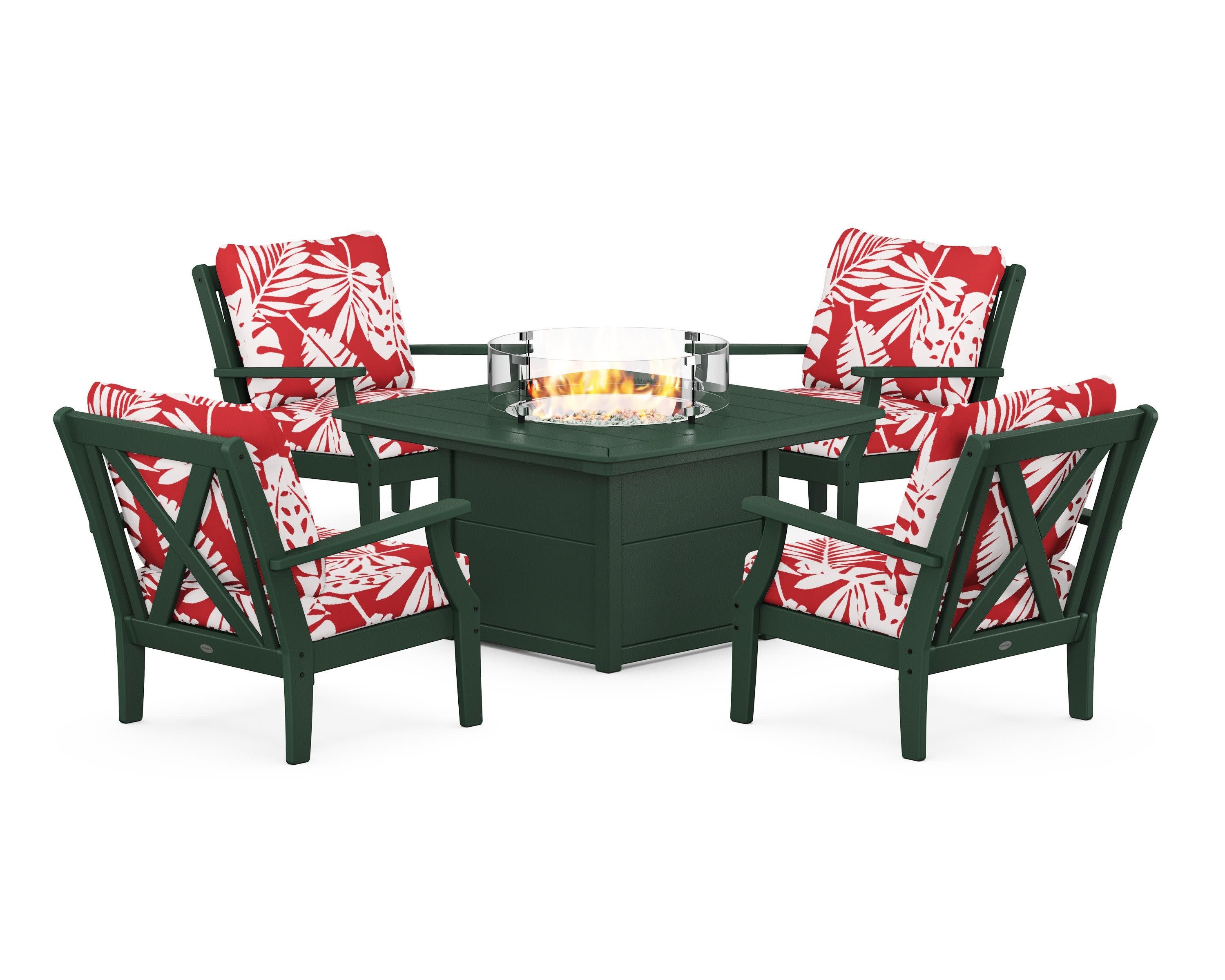 Braxton 5-Piece Deep Seating Conversation Set with Fire Pit Table in Green / Leaf Crimson