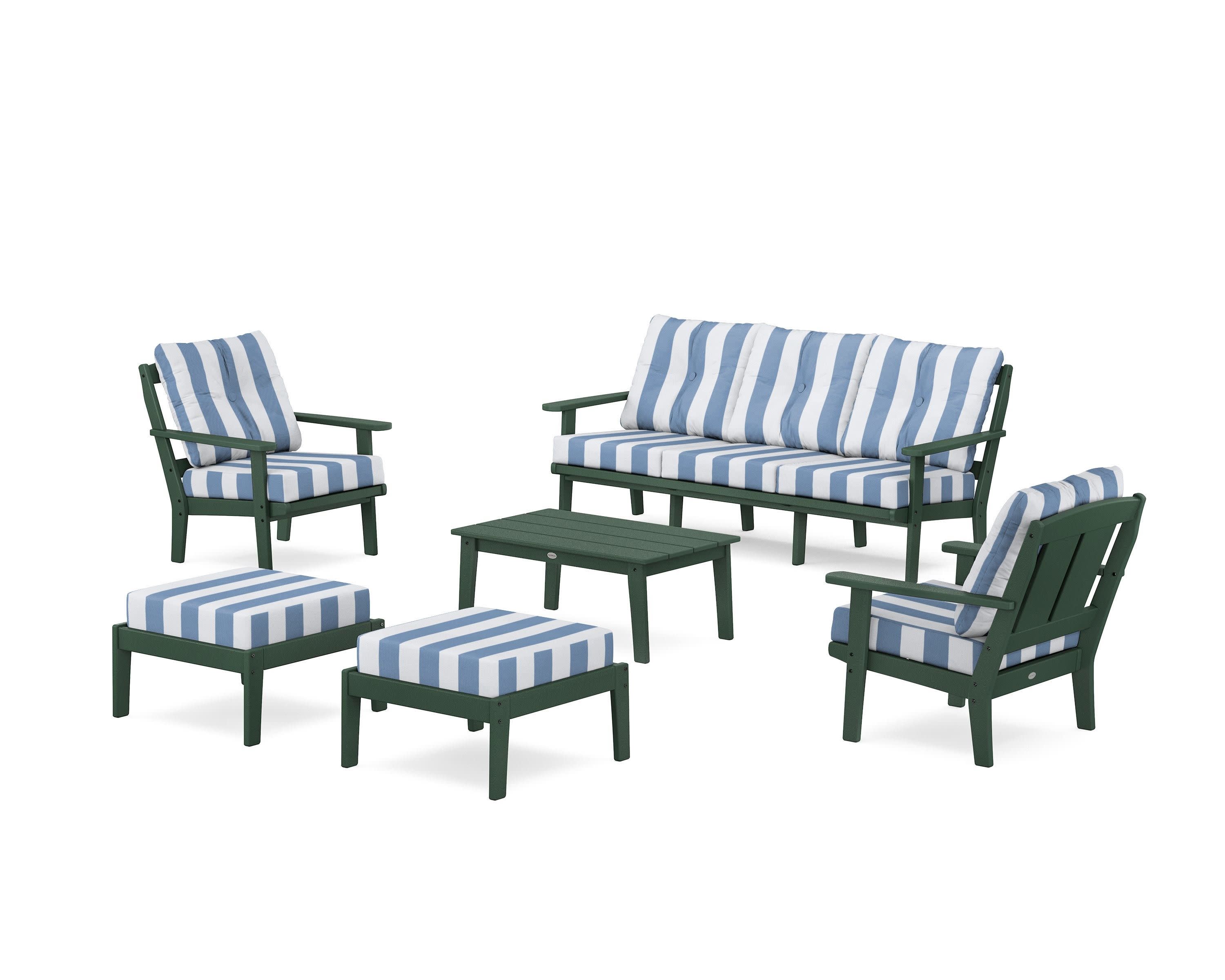 Mission 6-Piece Lounge Sofa Set in Green / Cabana Stripe Sky Blue