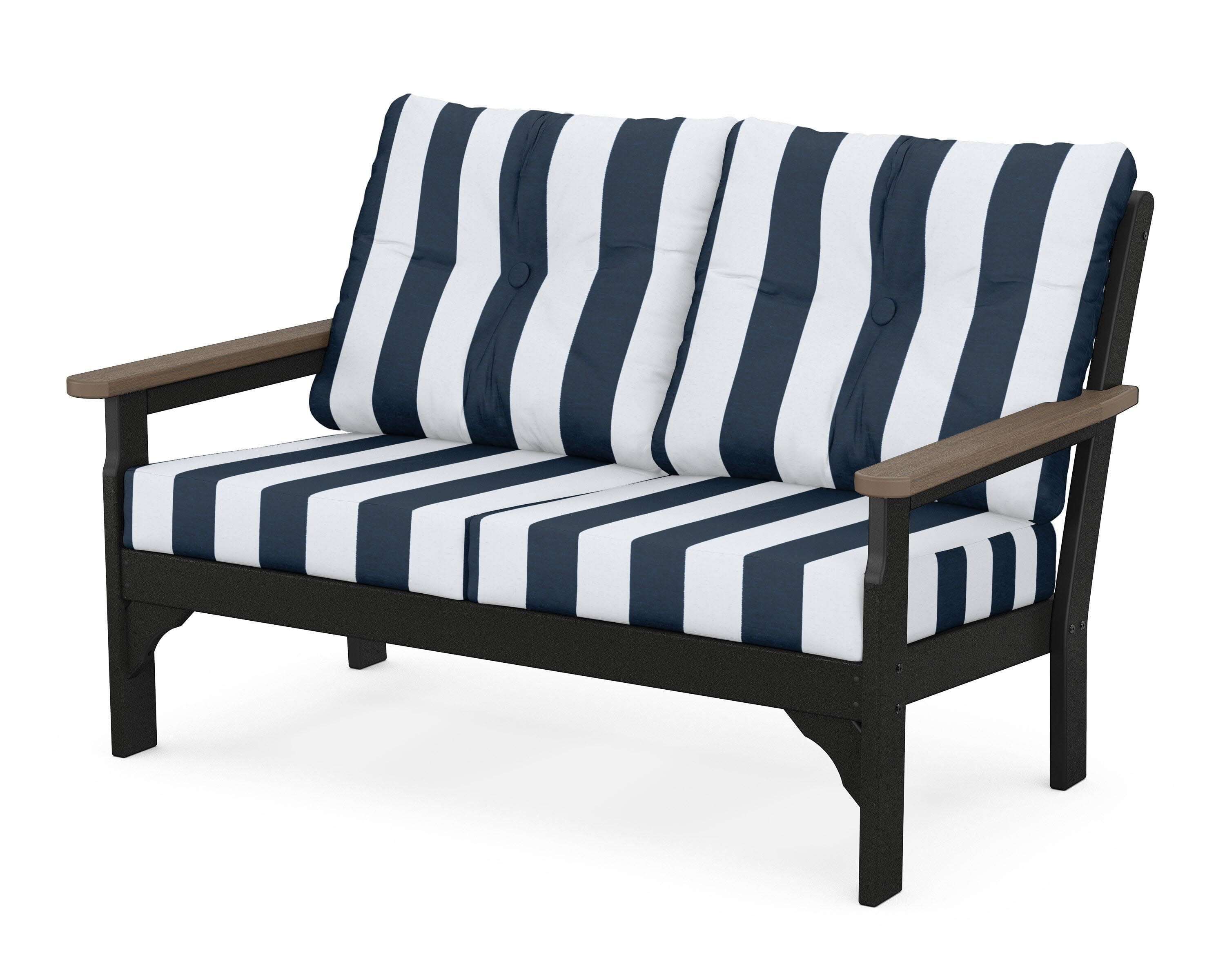 Vineyard Deep Seating Loveseat in Black / Kona / Cabana Stripe Marine Indigo