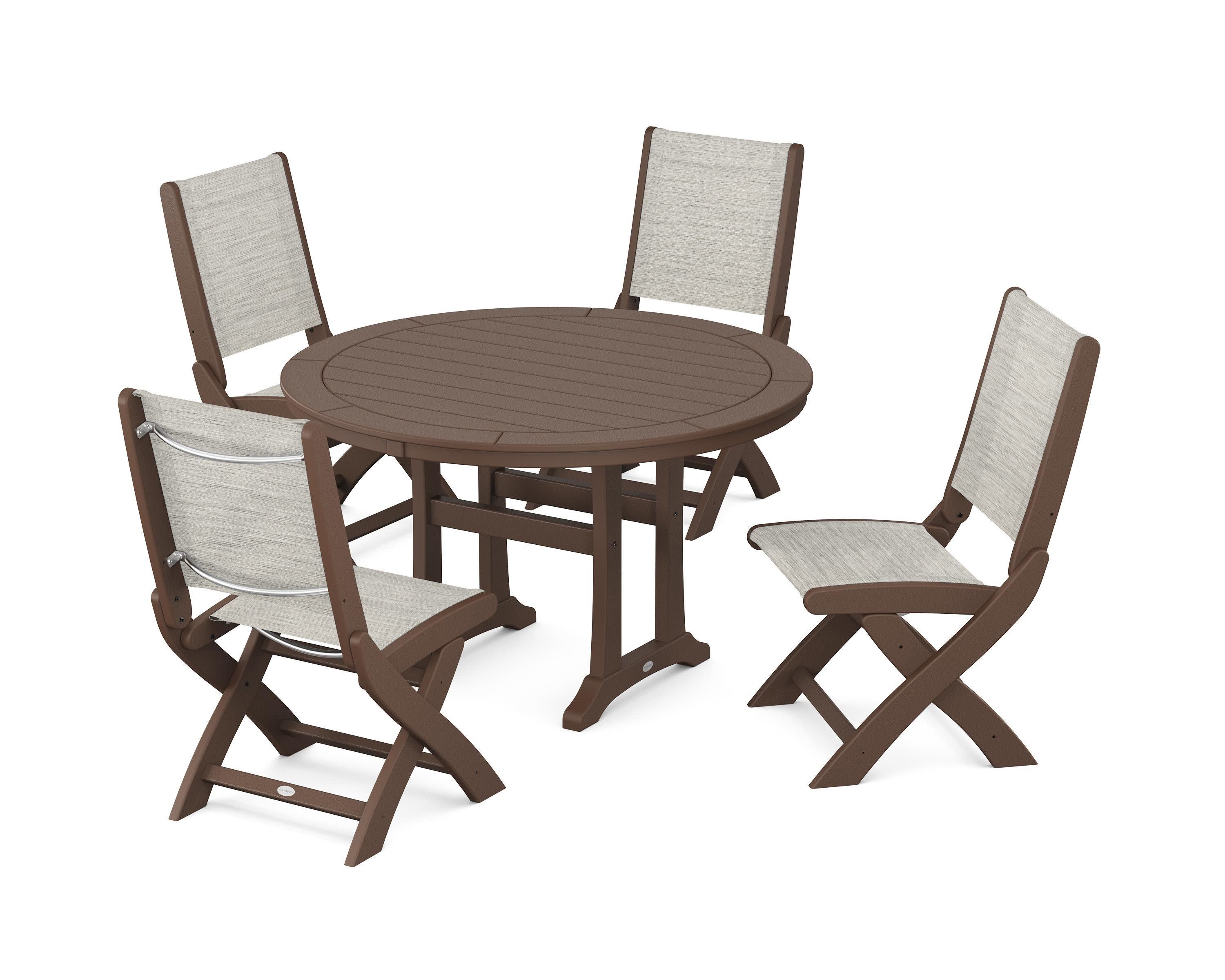 Coastal Folding Side Chair 5-Piece Round Dining Set With Trestle Legs in Mahogany / Birch Sling