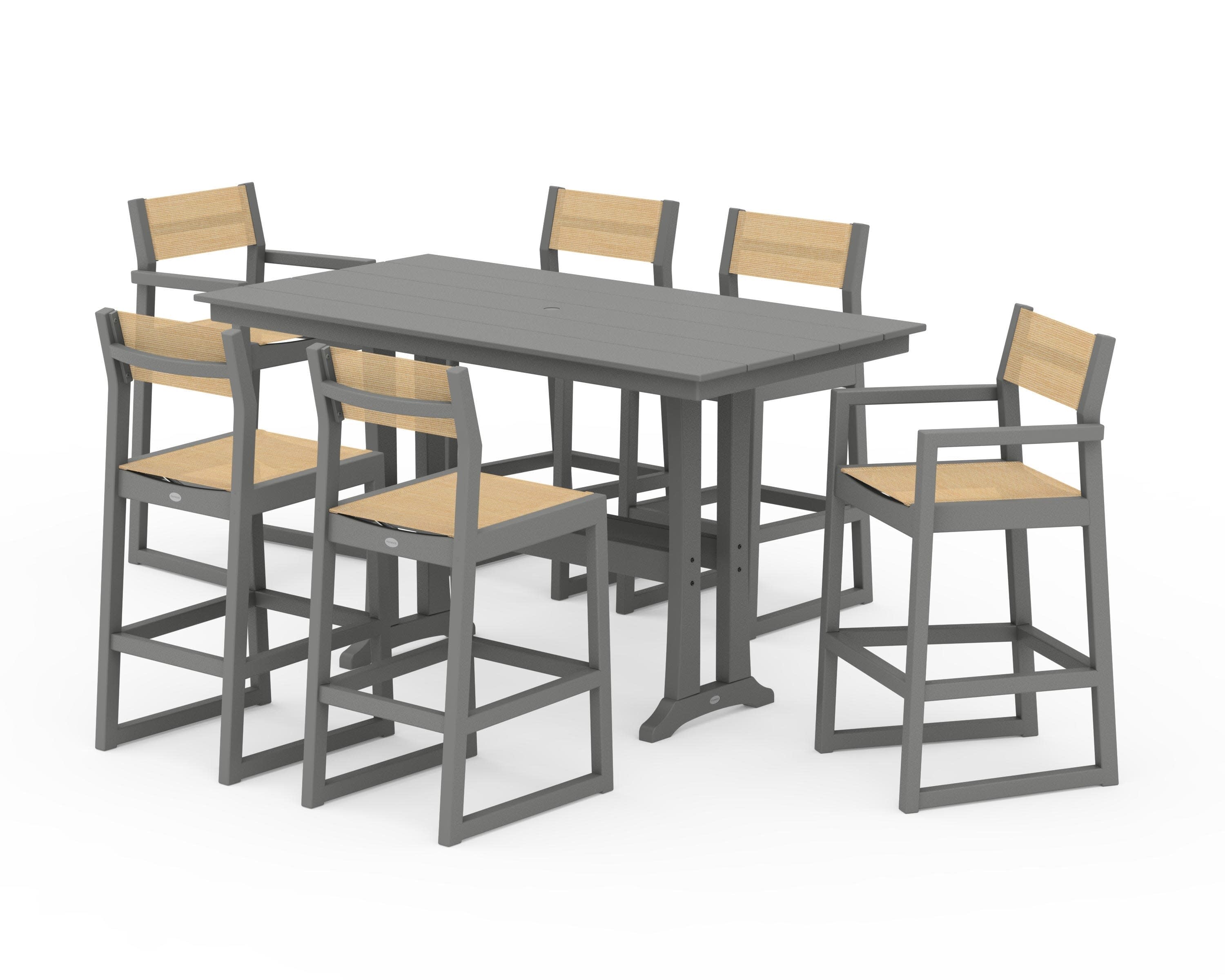 EDGE Sling 7-Piece Farmhouse Bar Set with Trestle Legs in Slate Grey / Dupioni Apricot Sling