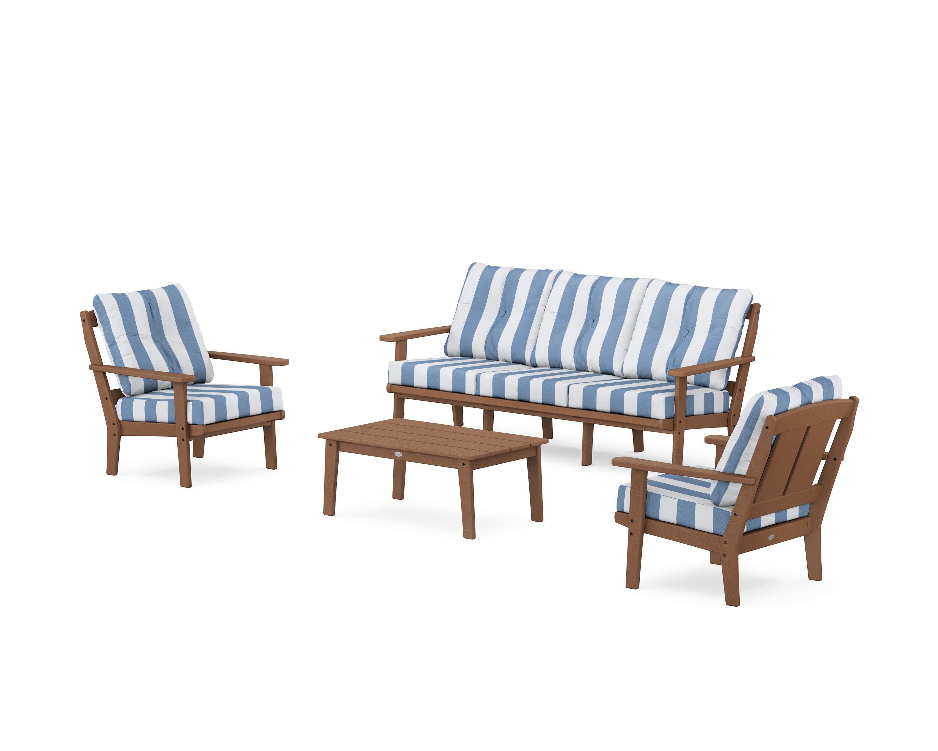 Mission 4-Piece Deep Seating Set with Sofa in Teak / Cabana Stripe Sky Blue