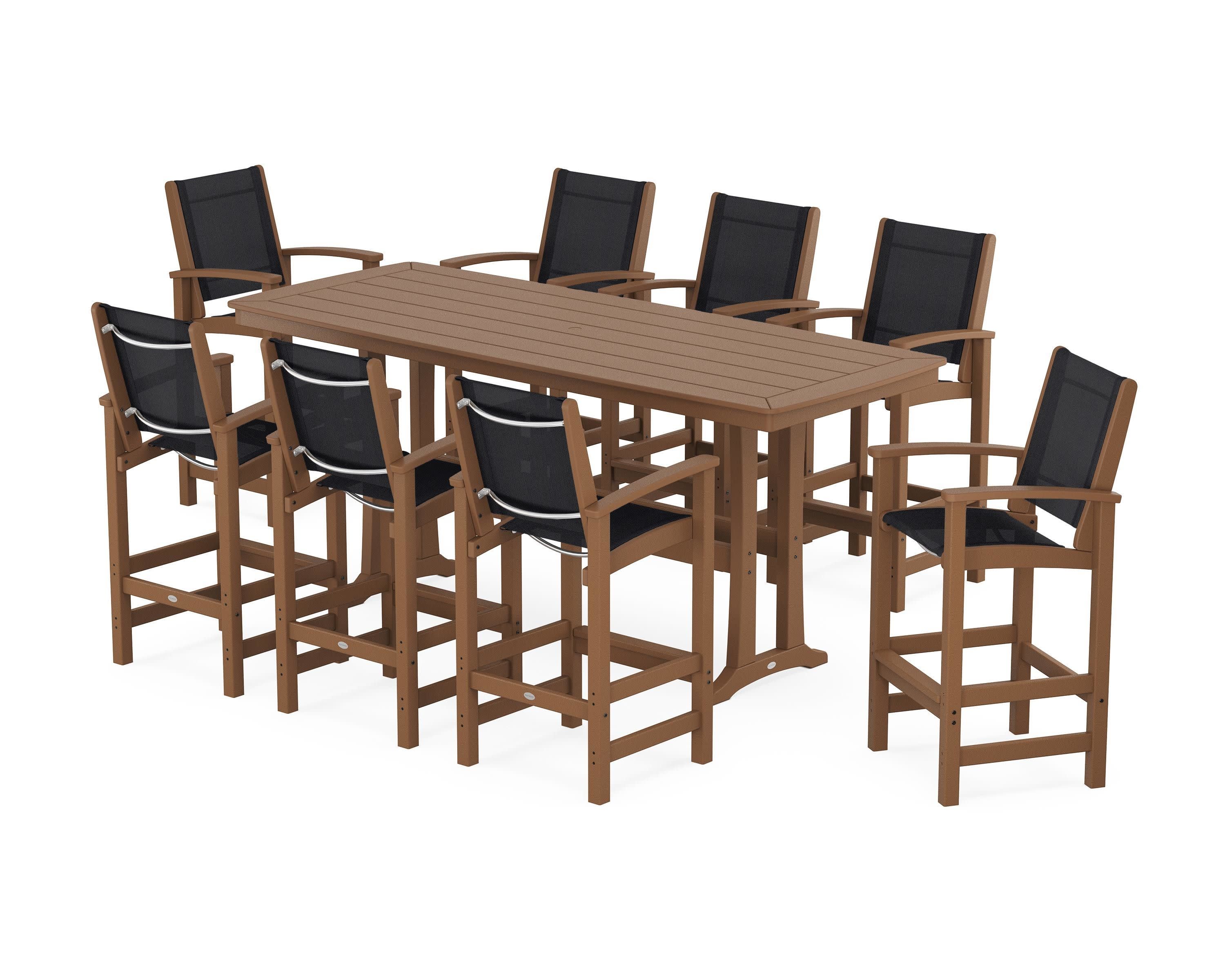 Coastal 9-Piece Bar Set with Trestle Legs in Teak / Black Sling