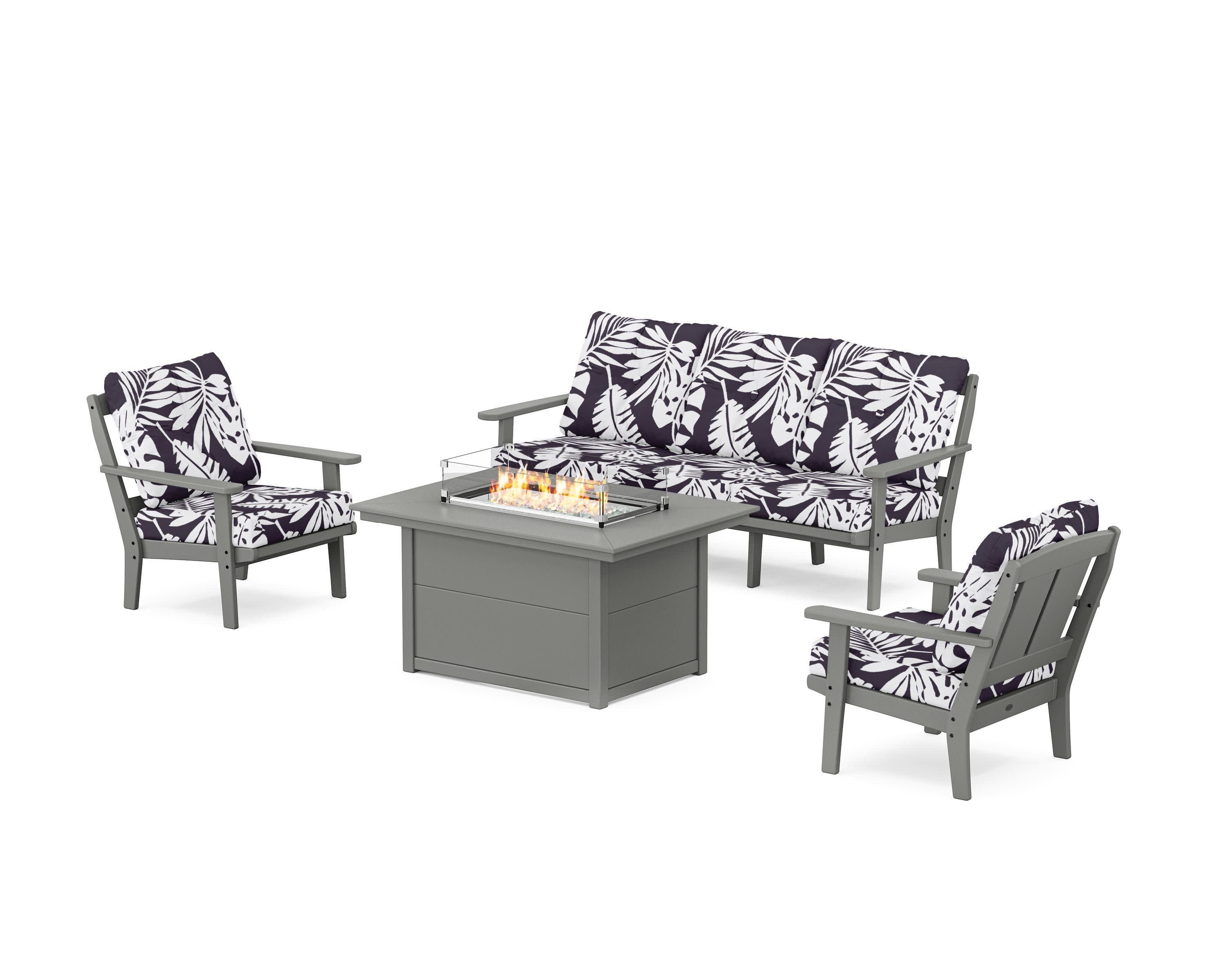 Mission Deep Seating Fire Pit Table Set in Slate Grey / Leaf Navy