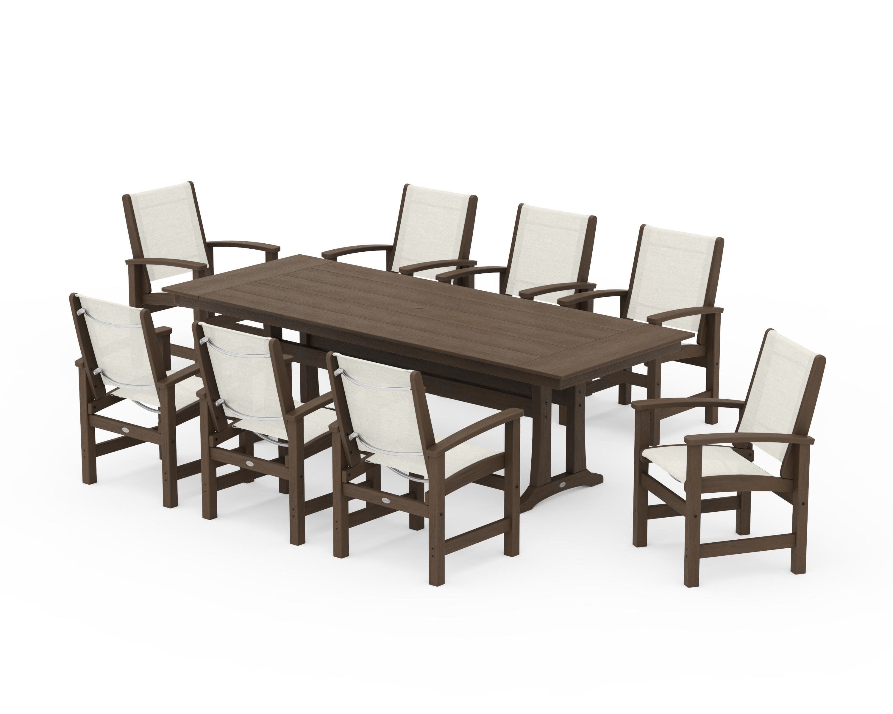 Coastal 9-Piece Farmhouse Dining Set with Trestle Legs in Kona / Parchment Sling