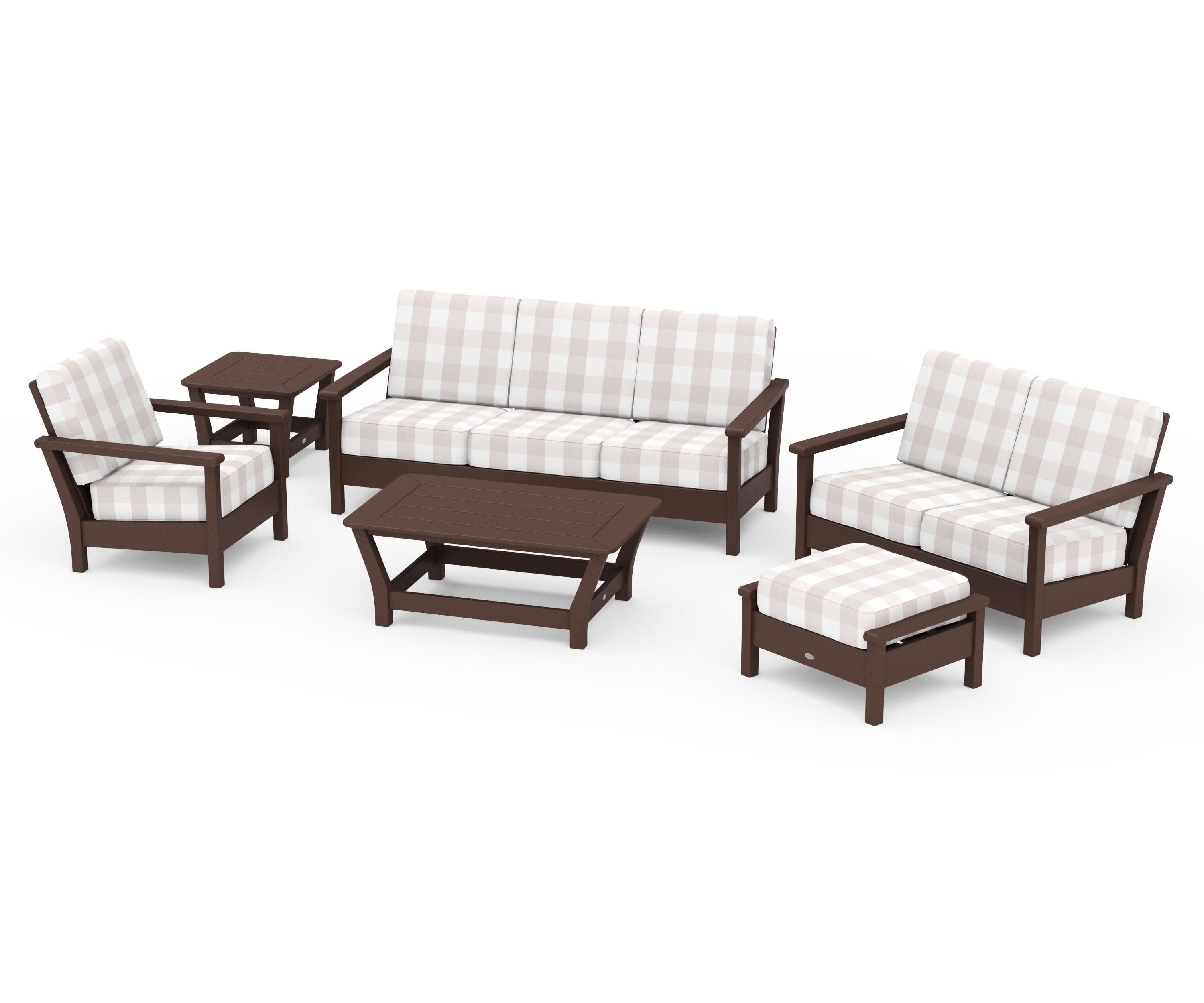 Harbour 6-Piece Outdoor Living Set in Mahogany / Buffalo Plaid Dune Burlap