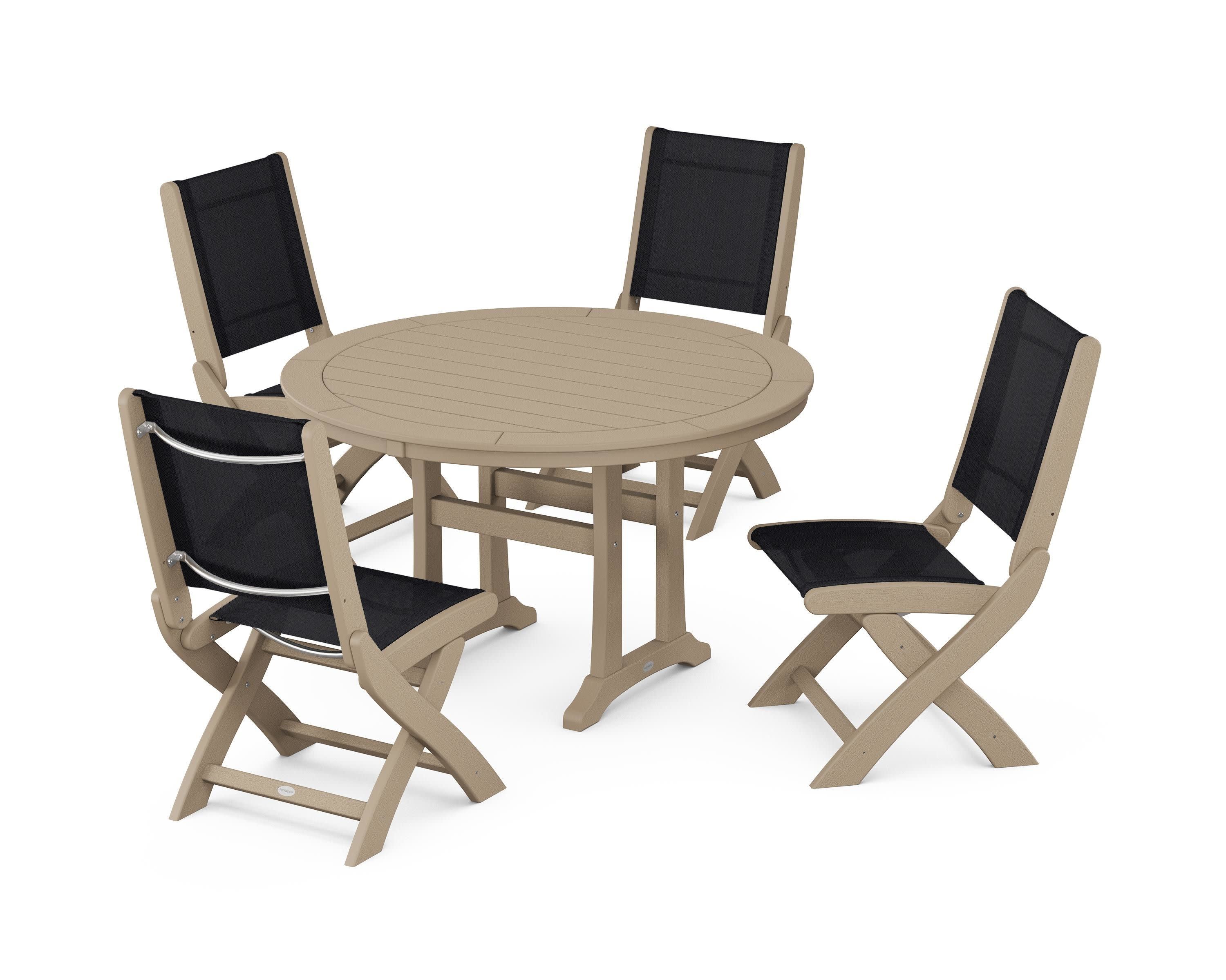 Coastal Folding Side Chair 5-Piece Round Dining Set With Trestle Legs in Vintage Sahara / Black Sling
