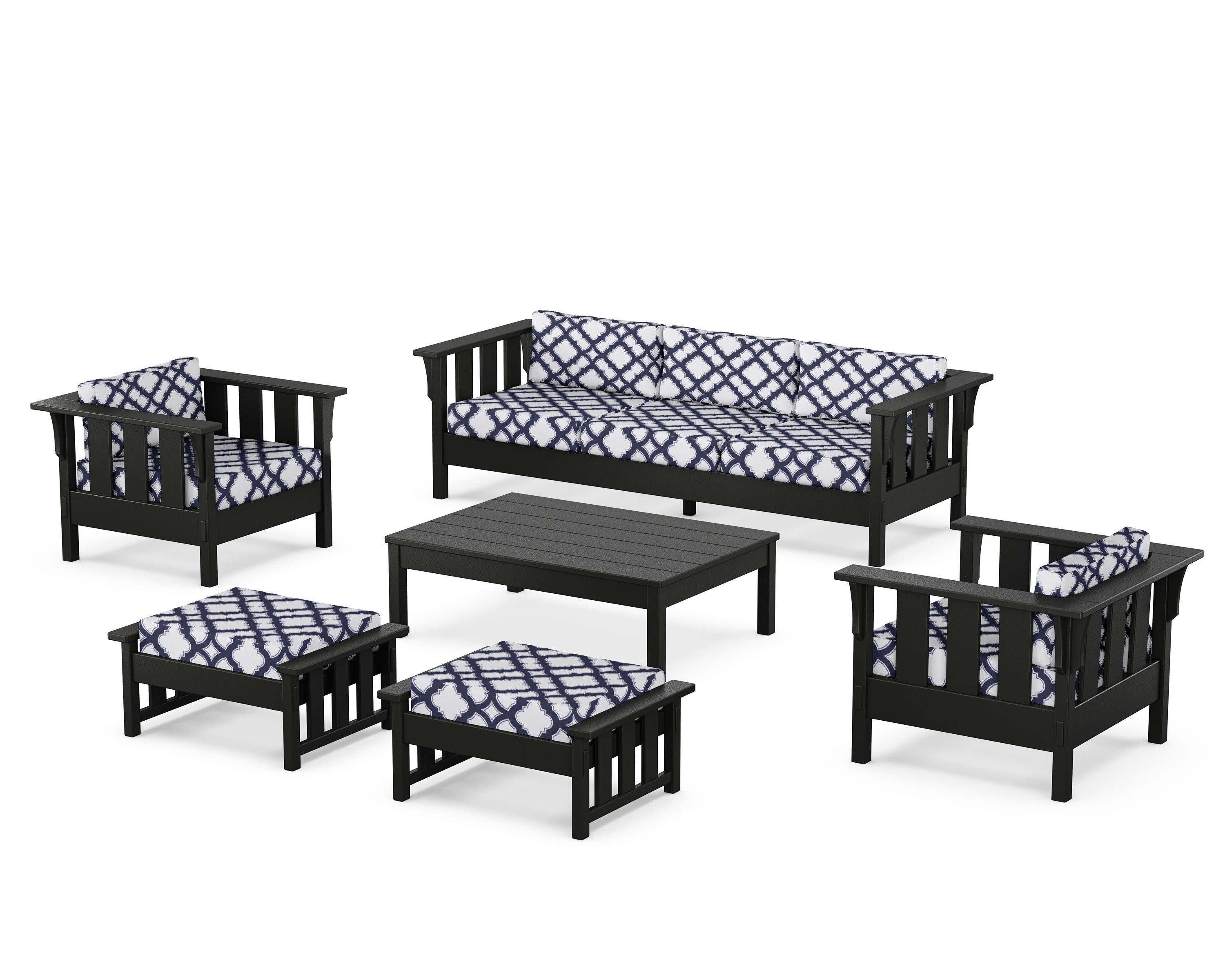 Acadia 6-Piece Lounge Sofa Set in Black / Trellis Navy