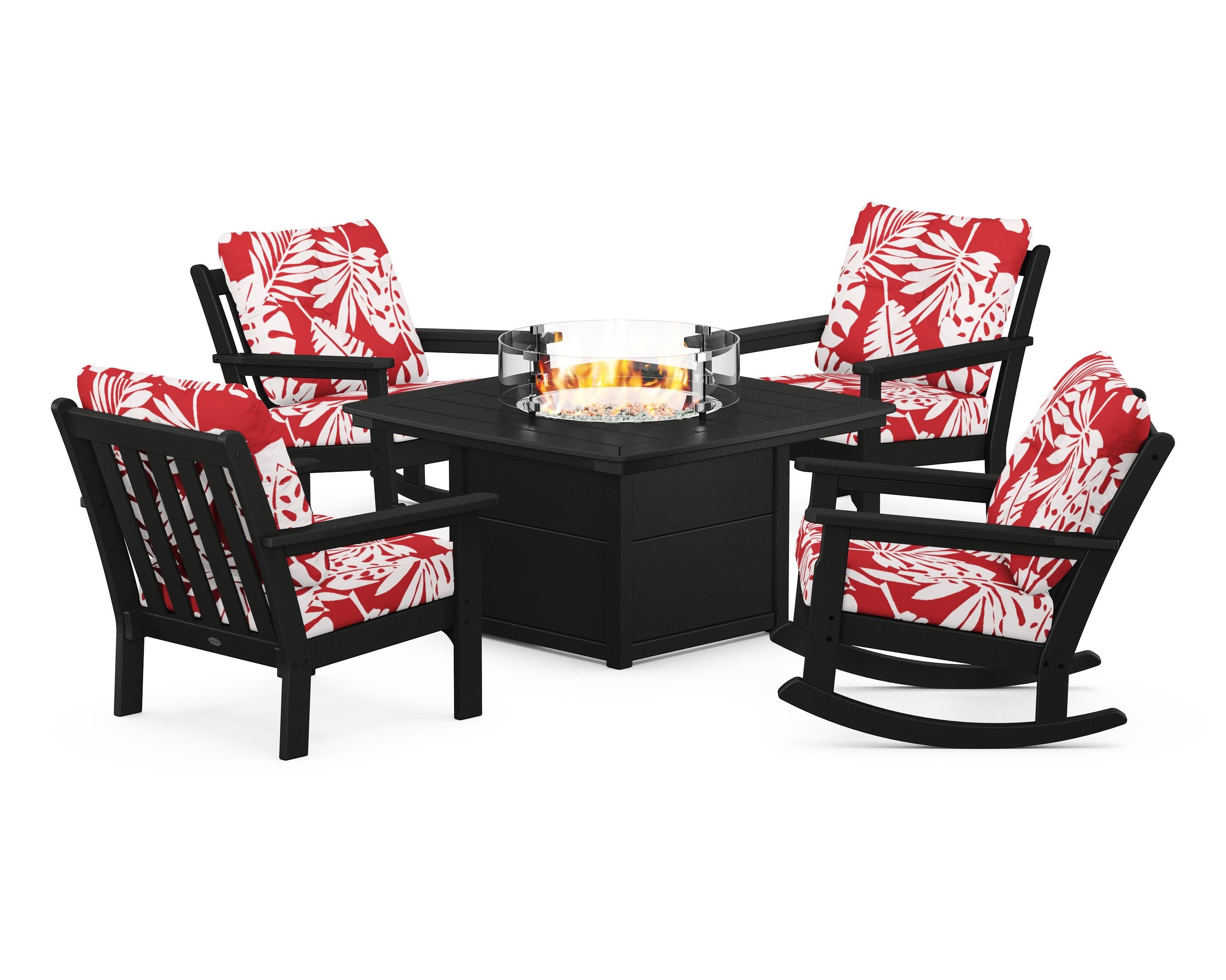 Vineyard 5-Piece Deep Seating Rocking Chair Conversation Set with Fire Pit Table in Black / Leaf Crimson