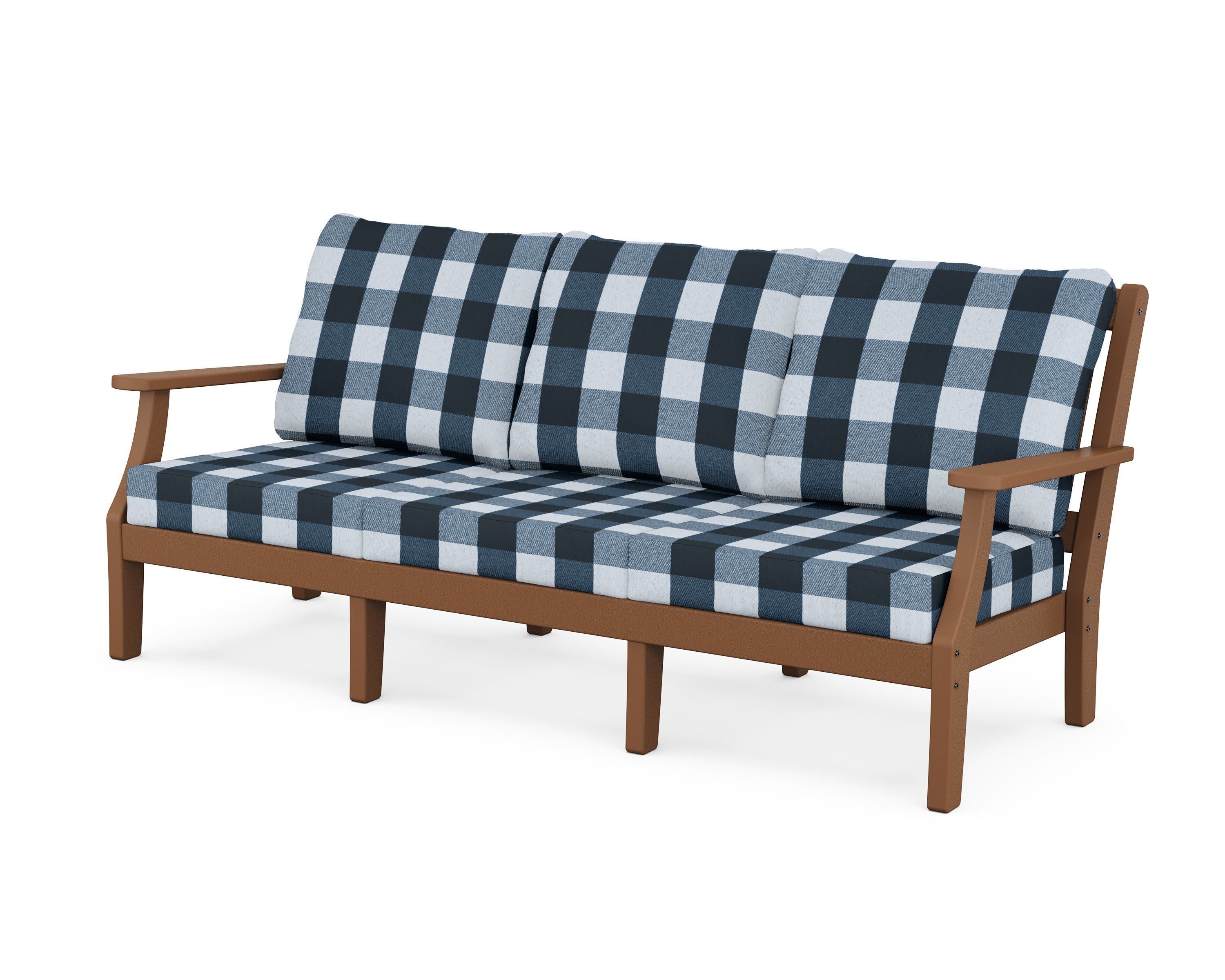 Chinoiserie Deep Seating Sofa in Teak / Buffalo Plaid Marine Indigo