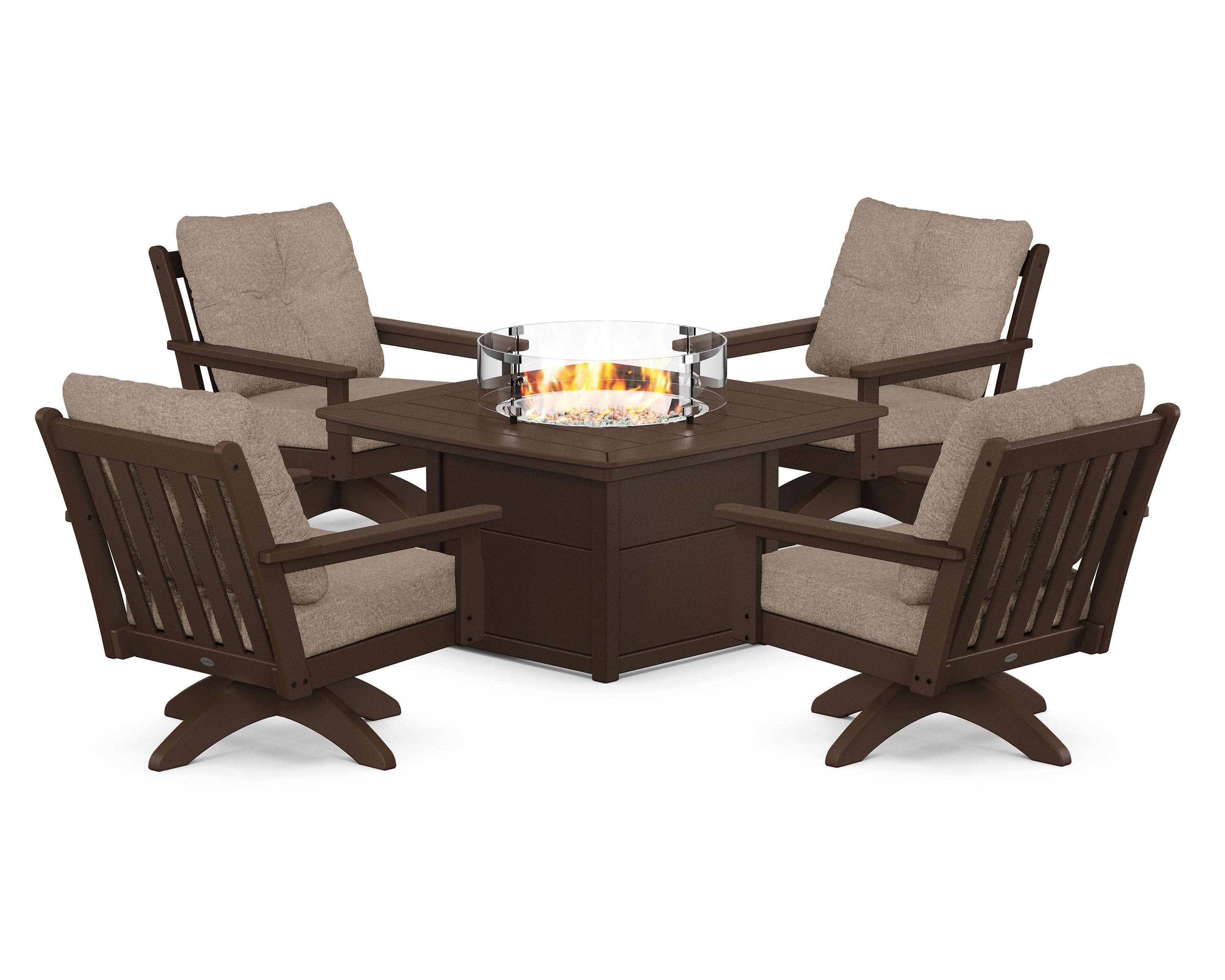 Vineyard 5-Piece Deep Seating Swivel Conversation Set with Fire Pit Table in Mahogany / Spiced Burlap