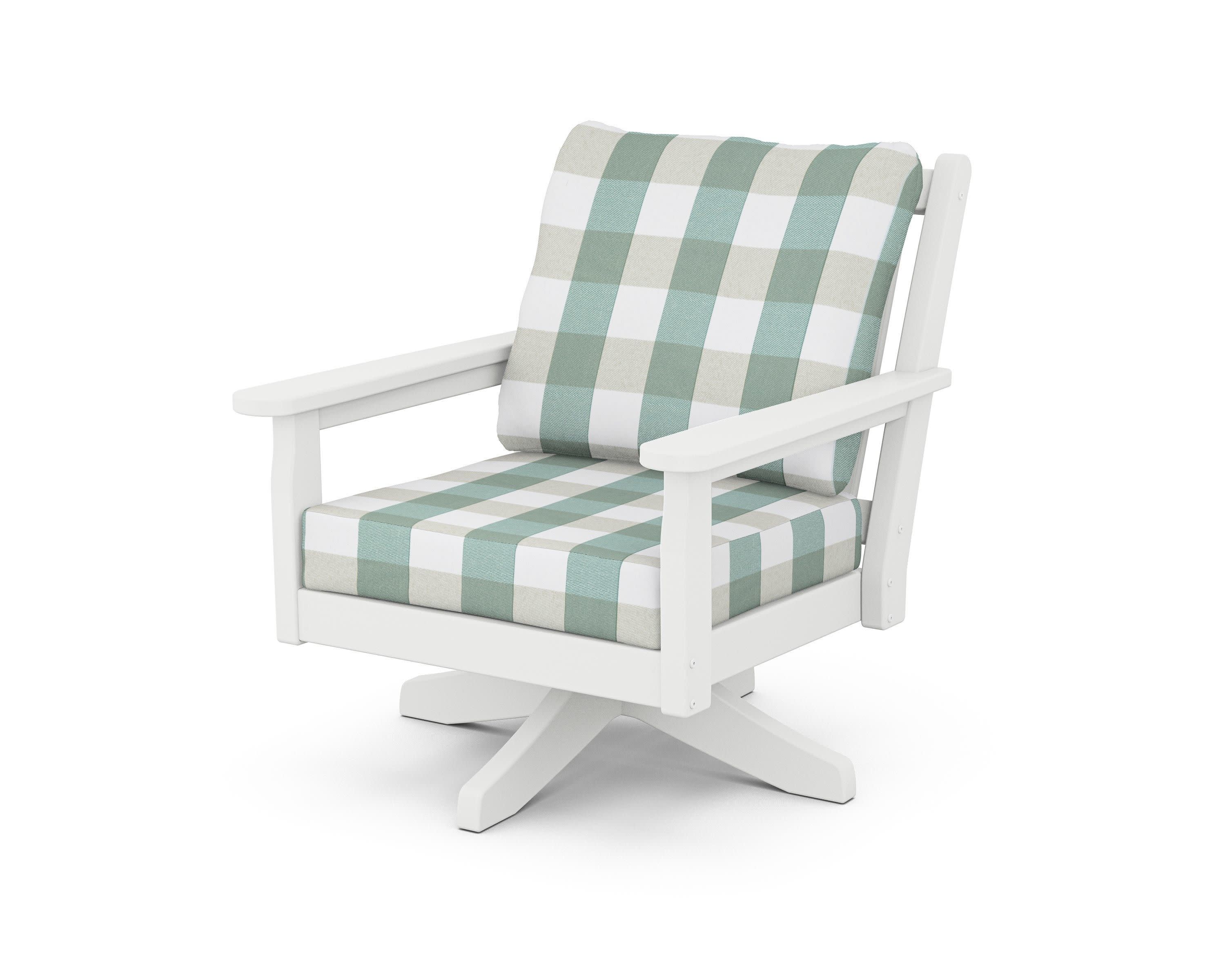 Chippendale Deep Seating Swivel Chair in White / Buffalo Plaid Glacier Spa