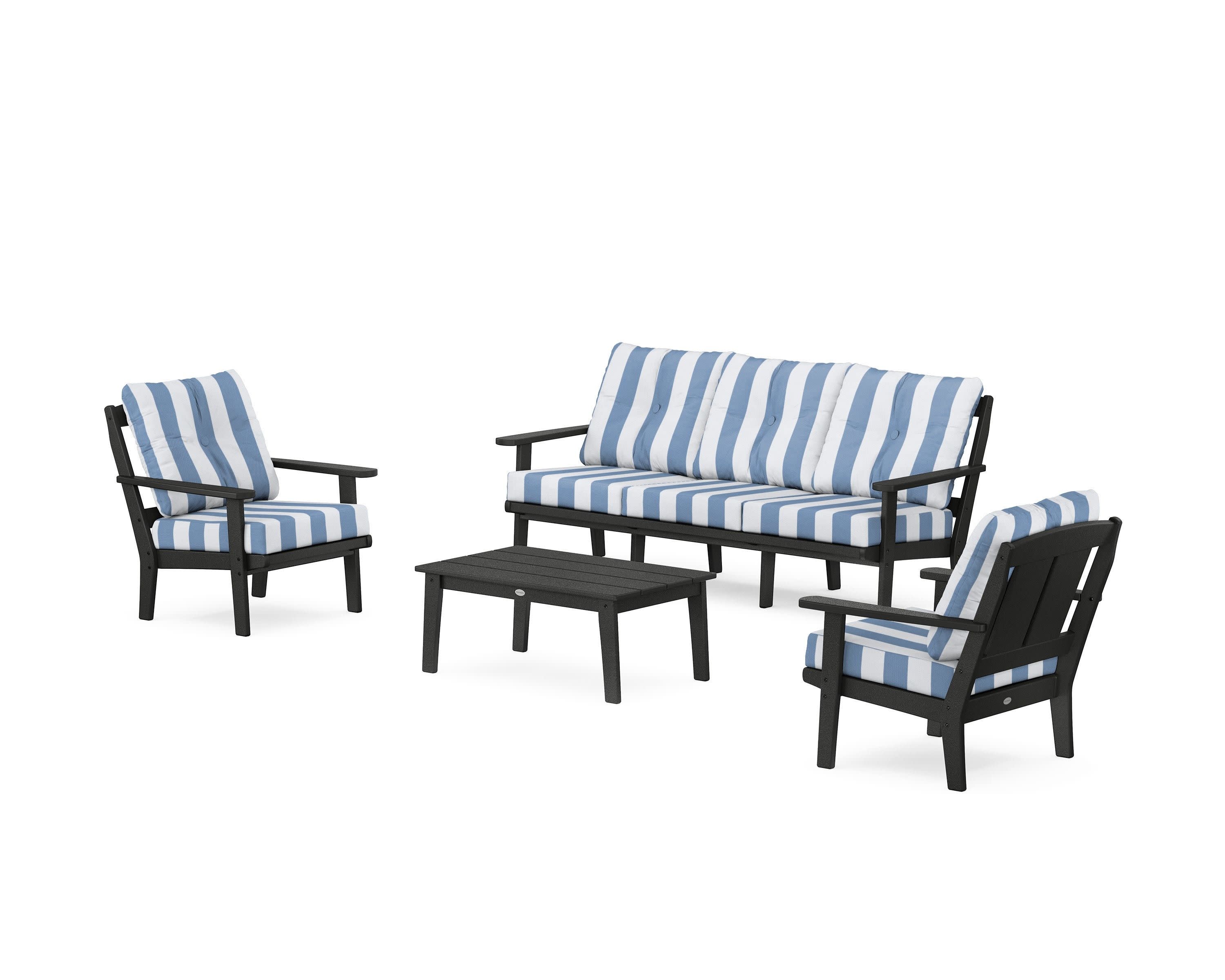 Mission 4-Piece Deep Seating Set with Sofa in Black / Cabana Stripe Sky Blue