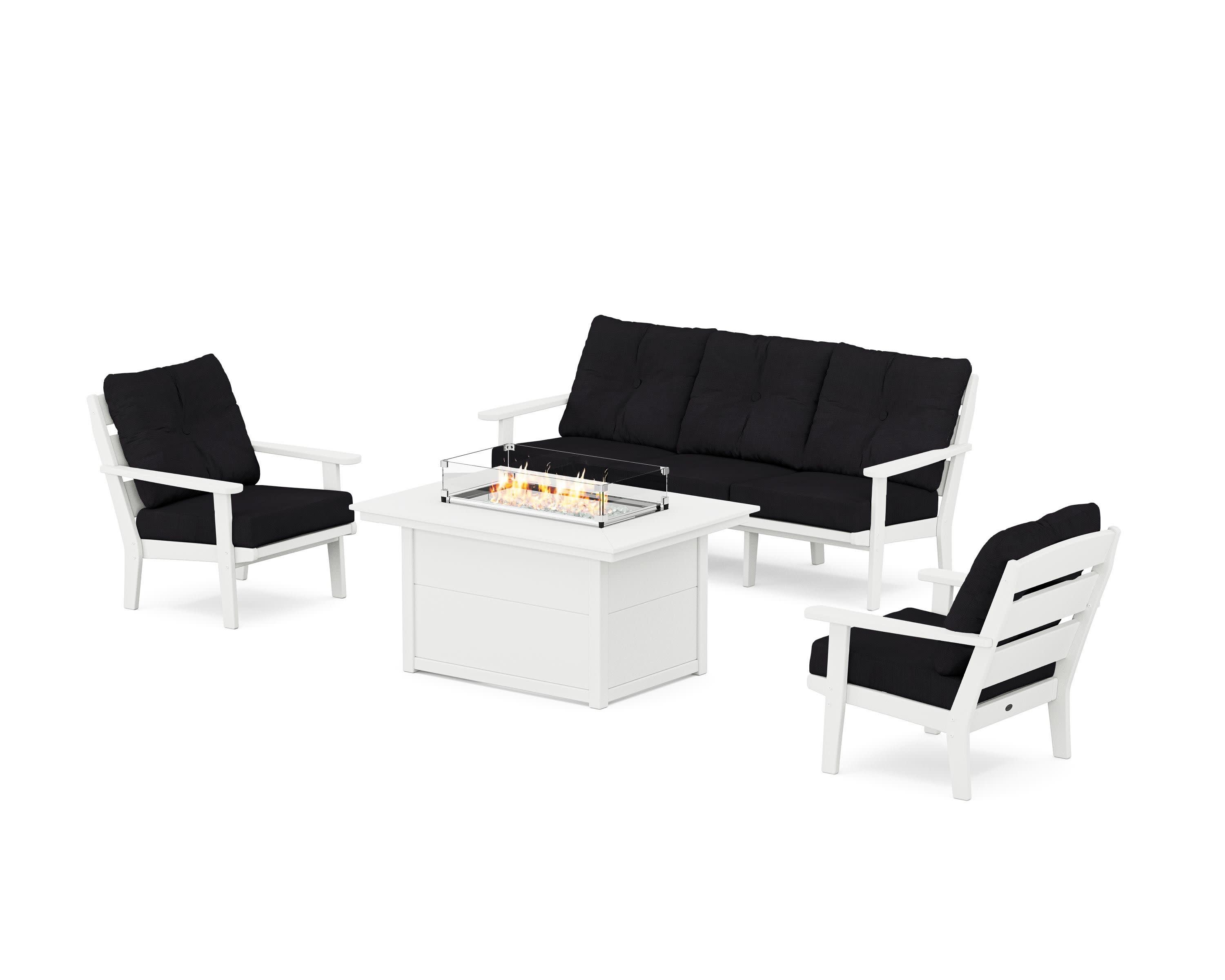 Lakeside Deep Seating Fire Pit Table Set in White / Midnight Linen