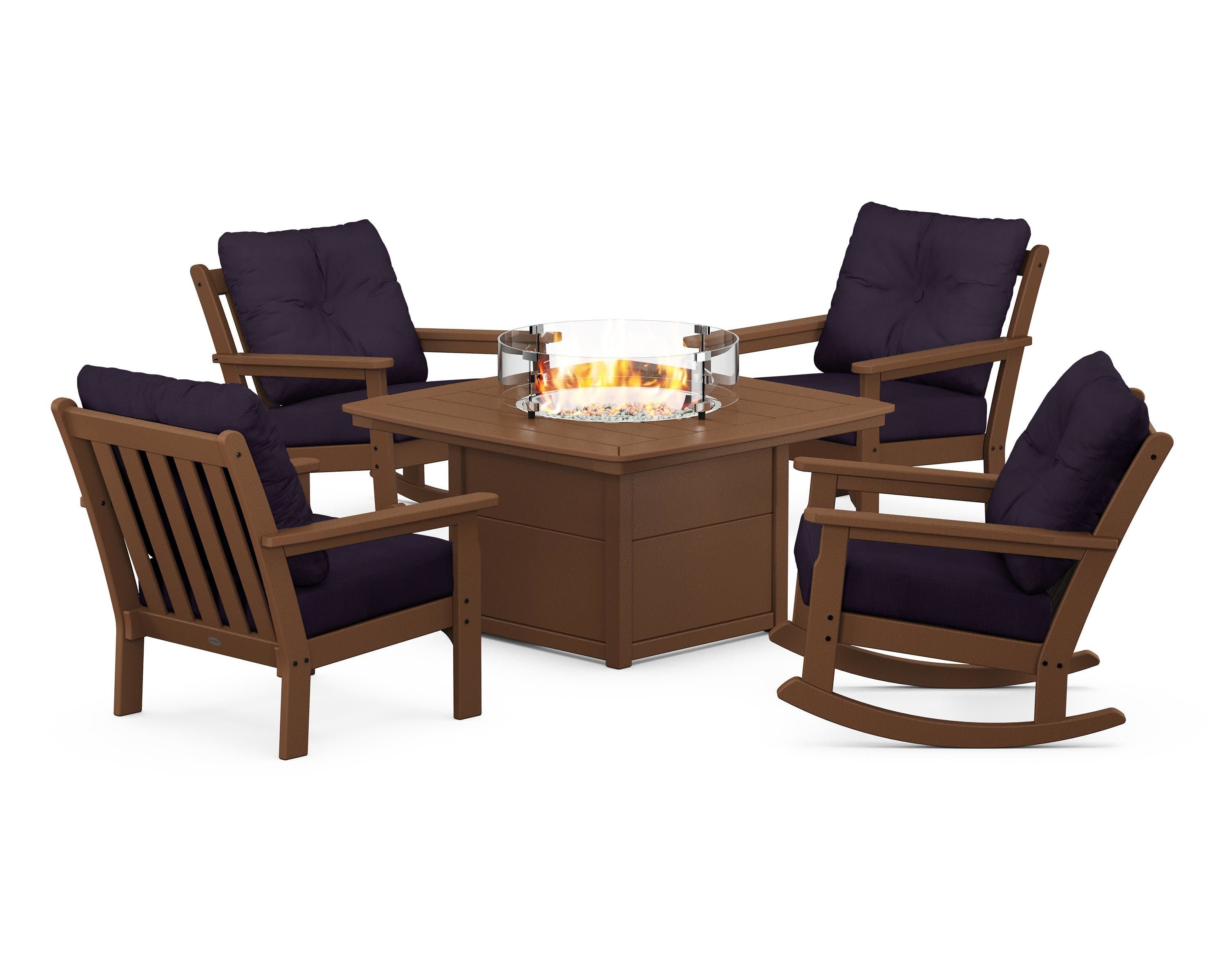Vineyard 5-Piece Deep Seating Rocking Chair Conversation Set with Fire Pit Table in Teak / Navy Linen