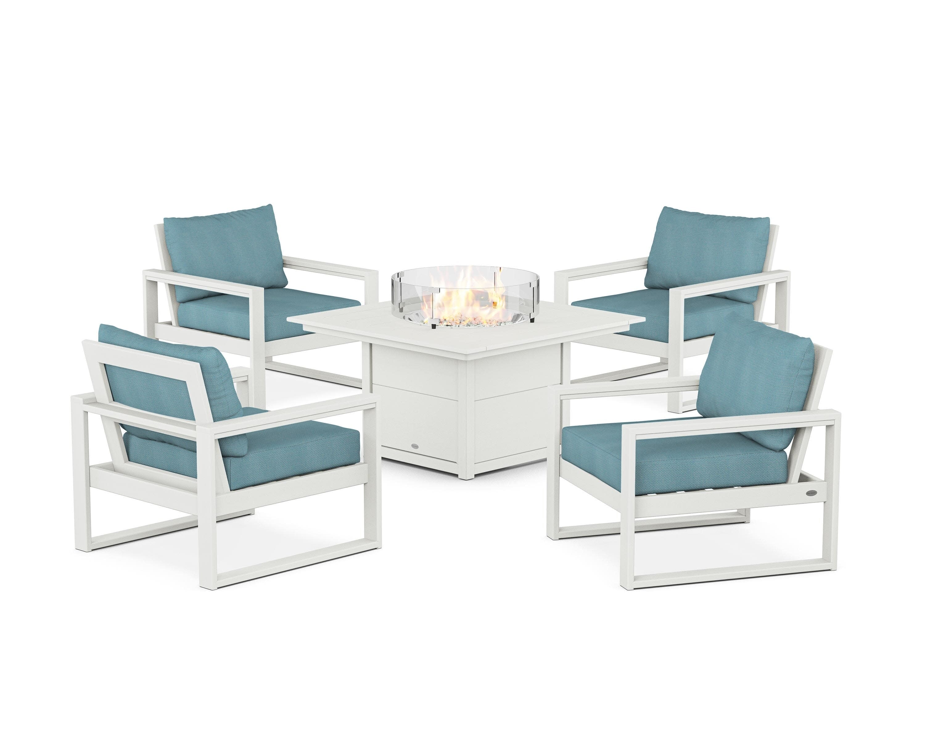 EDGE Sectional 5-Piece Deep Seating Set with Fire Pit Table in Vintage White / Lattice Sky Blue