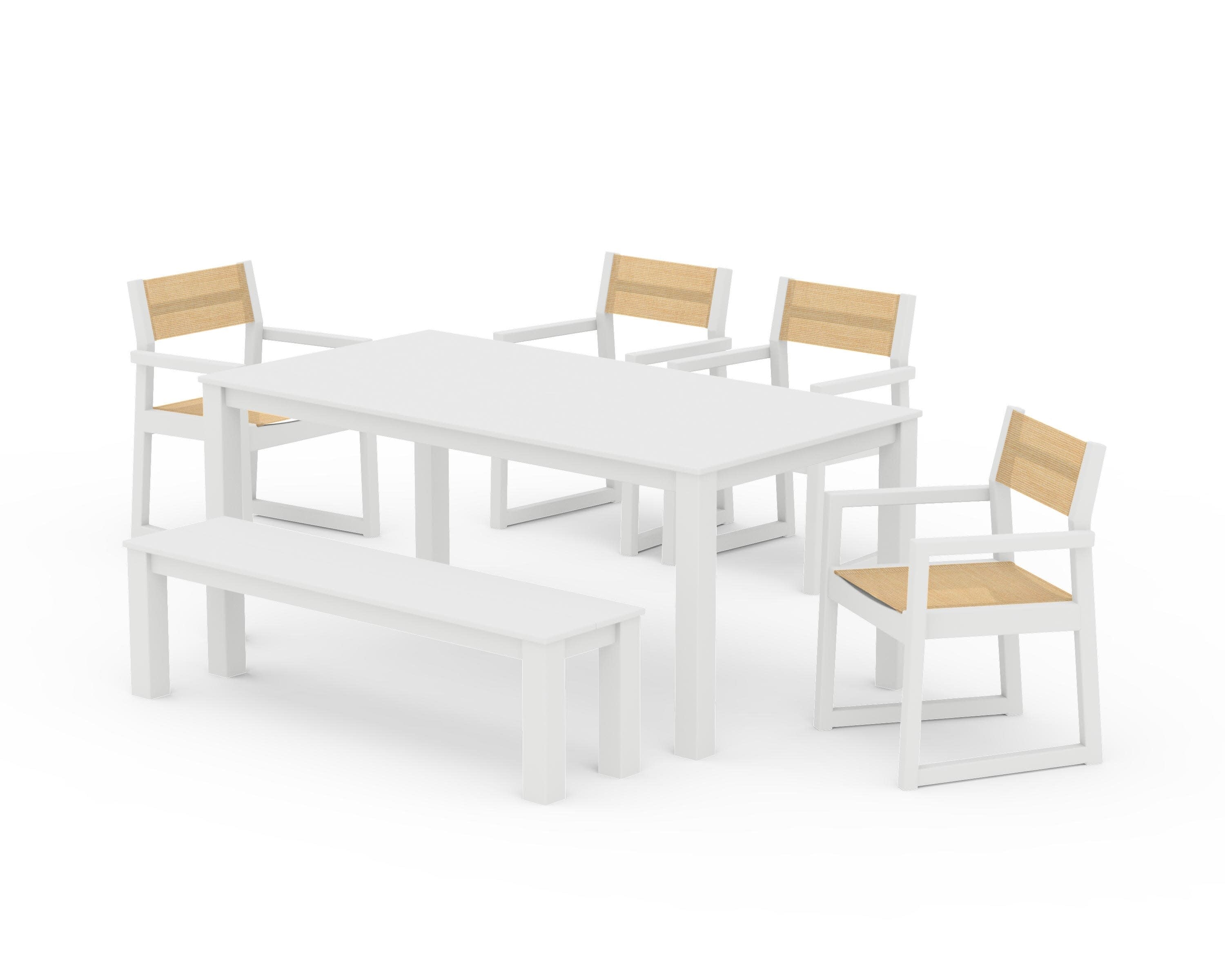 EDGE Sling Arm Chair 6-Piece Parsons Dining Set with Bench in White / Dupioni Apricot Sling