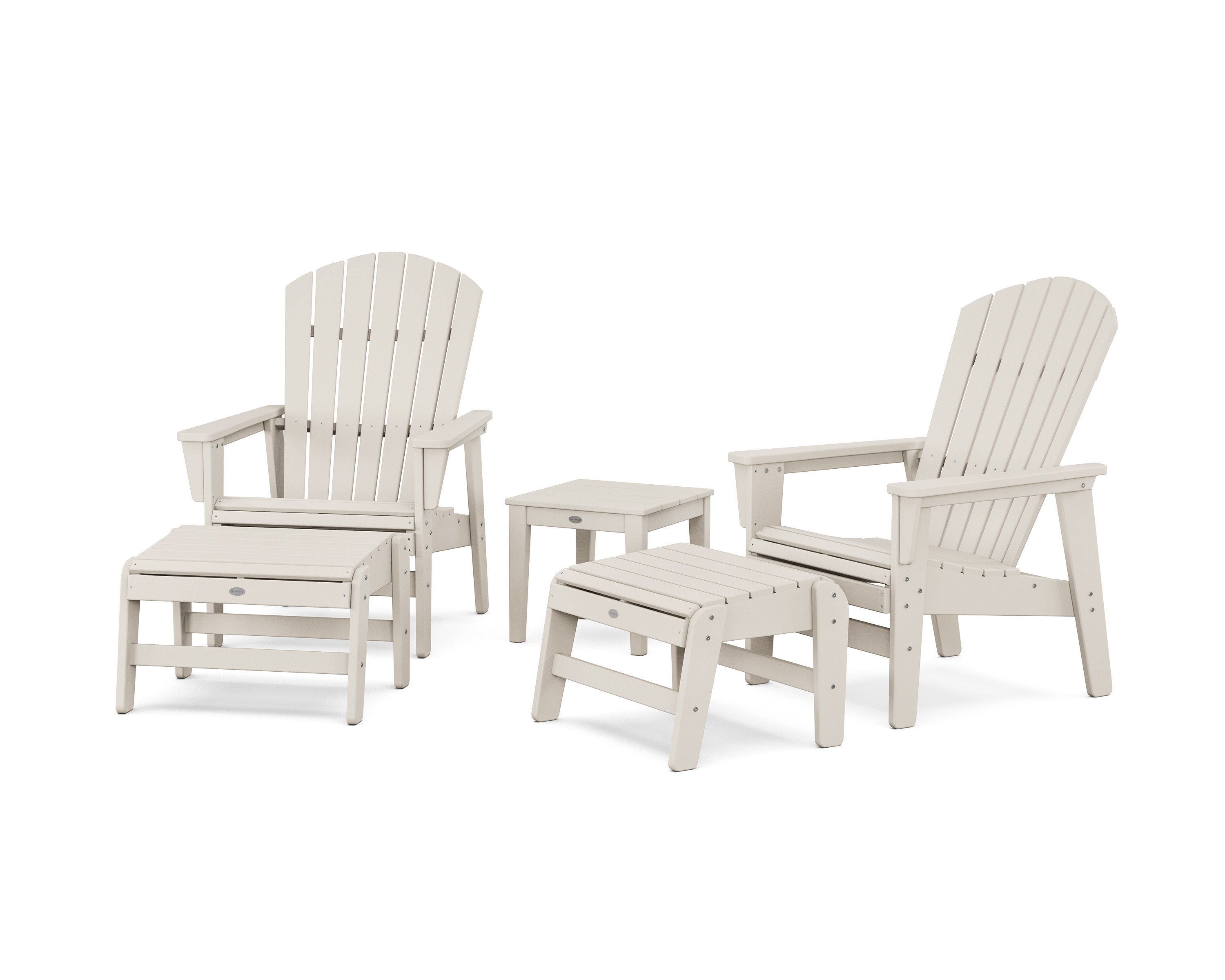 5-Piece Nautical Grand Upright Adirondack Set with Ottomans and Side Table in Sand