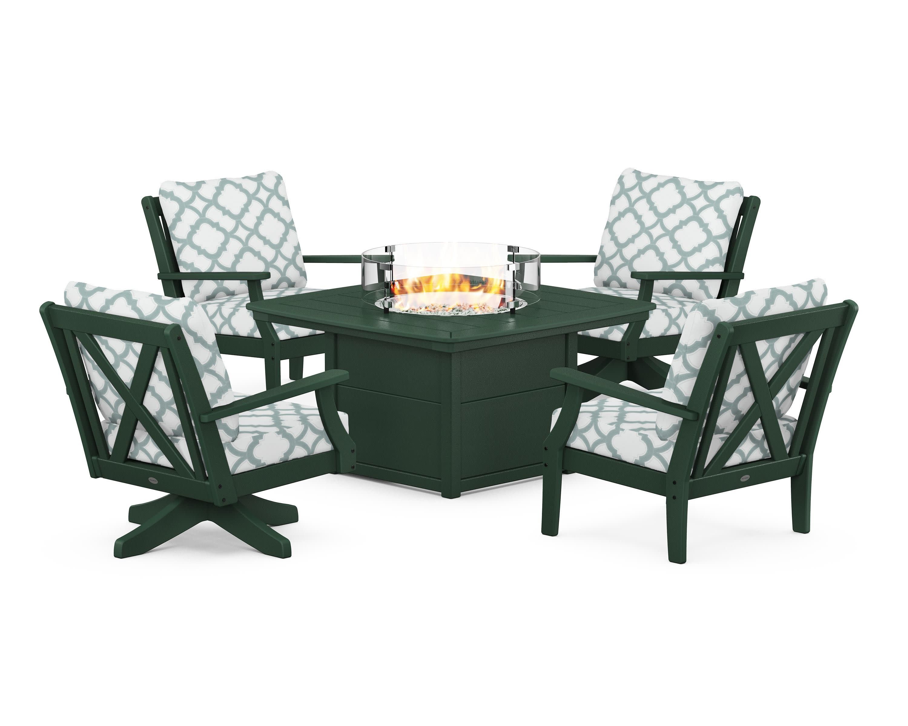 Braxton 5-Piece Deep Seating Set with Fire Table in Green / Trellis Glacier Spa