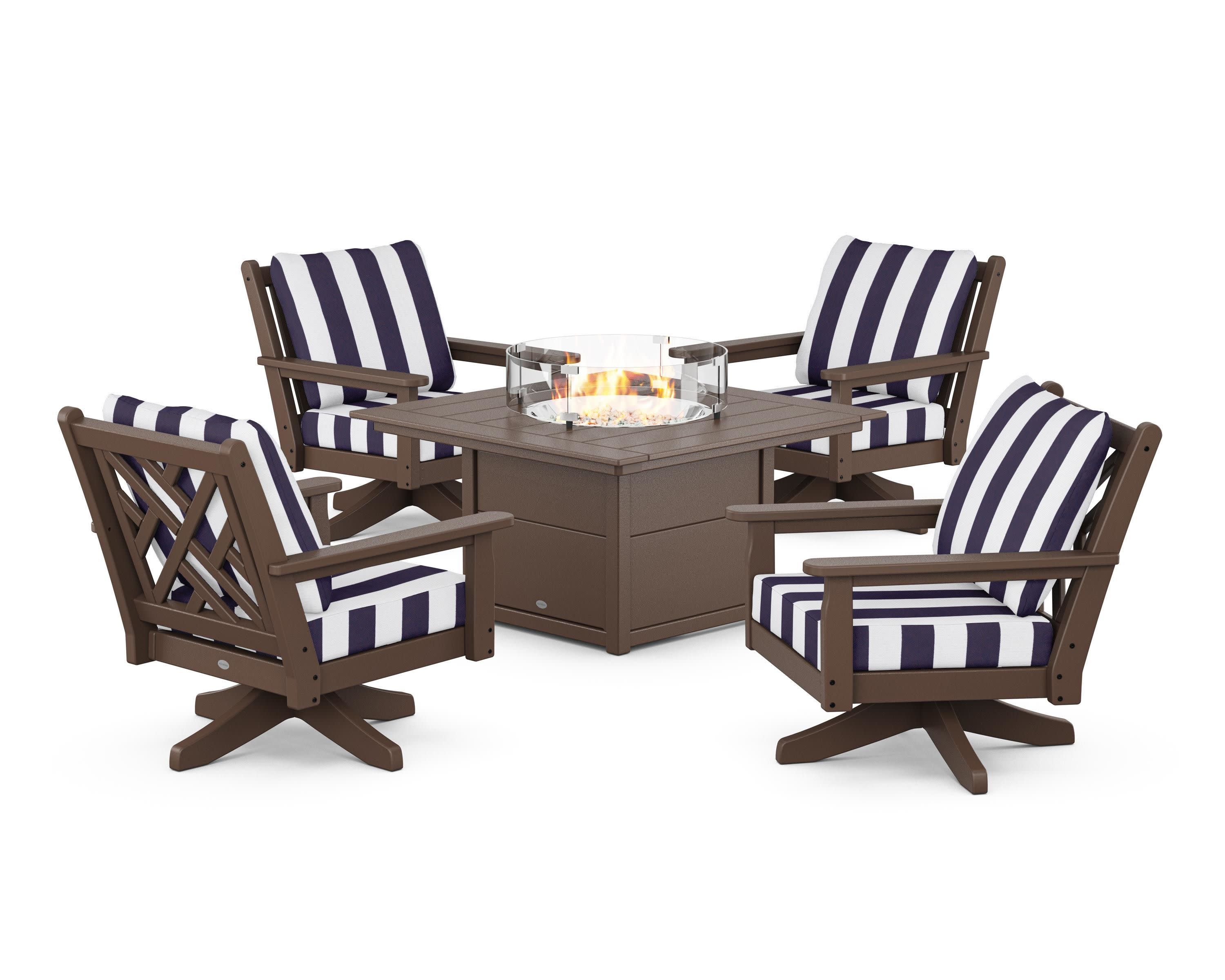 Chippendale 5-Piece Deep Seating Swivel Conversation Set with Fire Pit Table in Mahogany / Cabana Stripe Navy