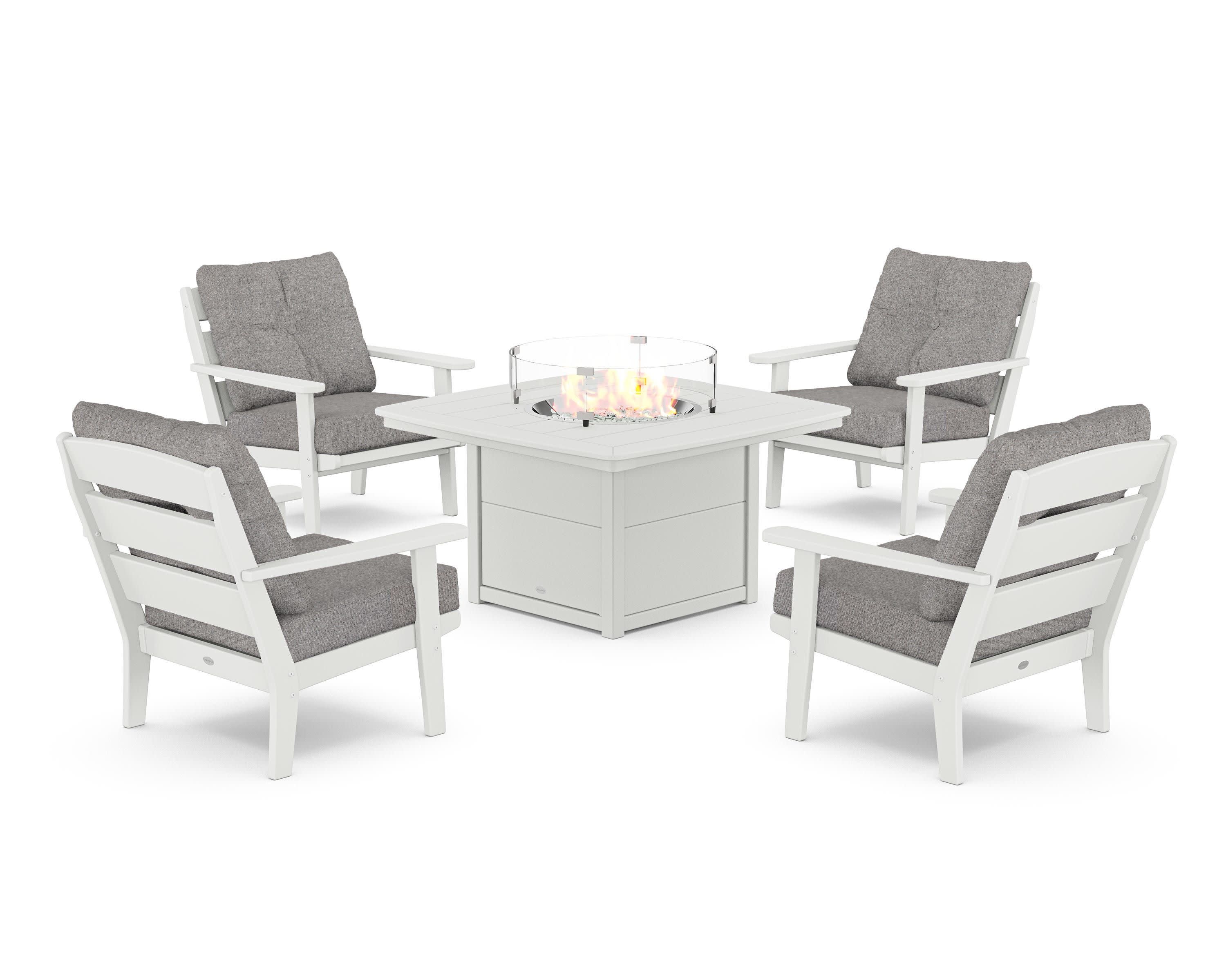 Lakeside 5-Piece Deep Seating Set with Nautical Fire Pit Table in White / Grey Mist