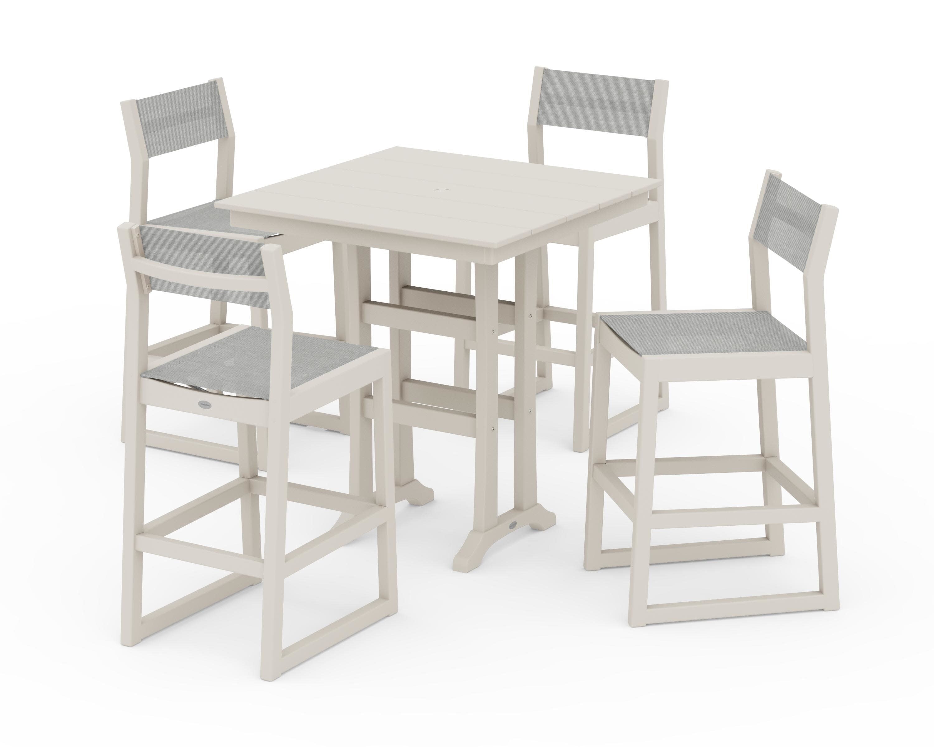 EDGE Sling Arm Chair 5-Piece Farmhouse Bar Set with Trestle Legs in Sand / Metallic Sling