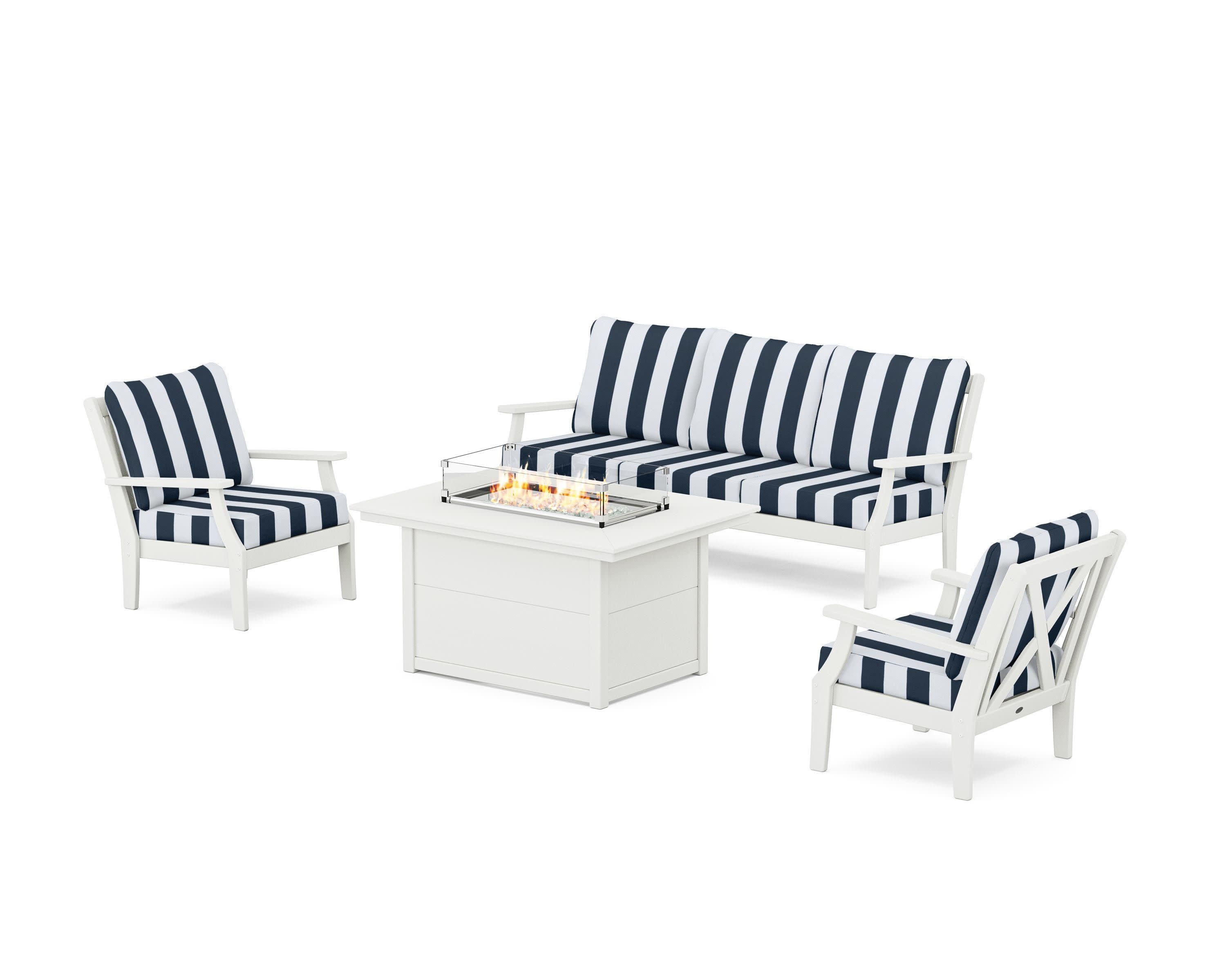 Braxton Deep Seating Fire Pit Table Set in Vintage White / Cabana Stripe Marine Indigo