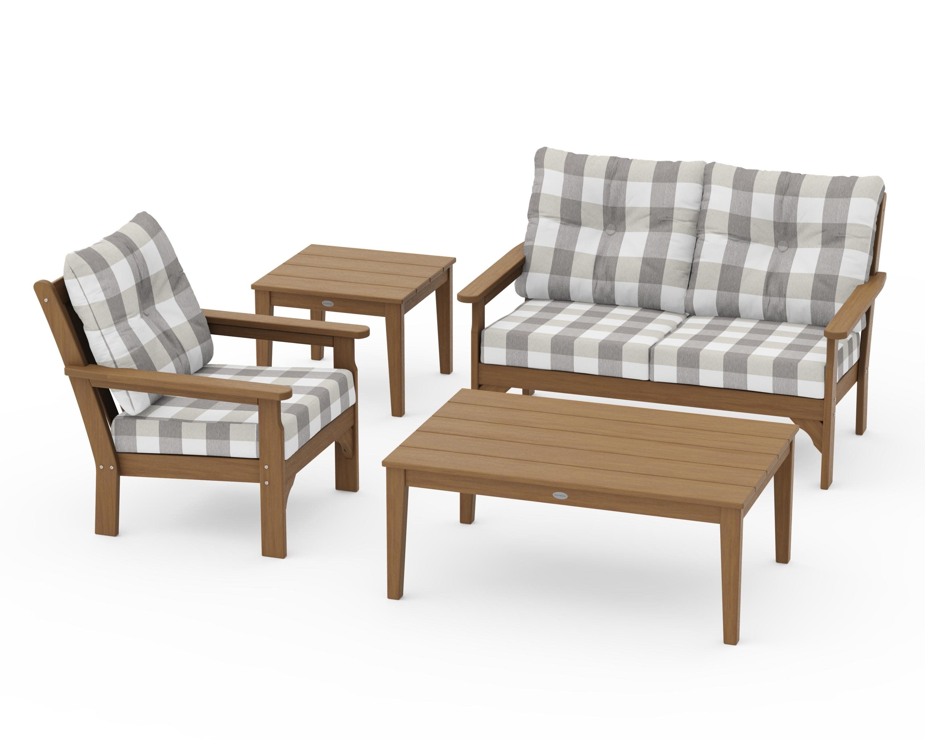 Vineyard 4-Piece Deep Seating Set in Natural / Buffalo Plaid Grey Mist
