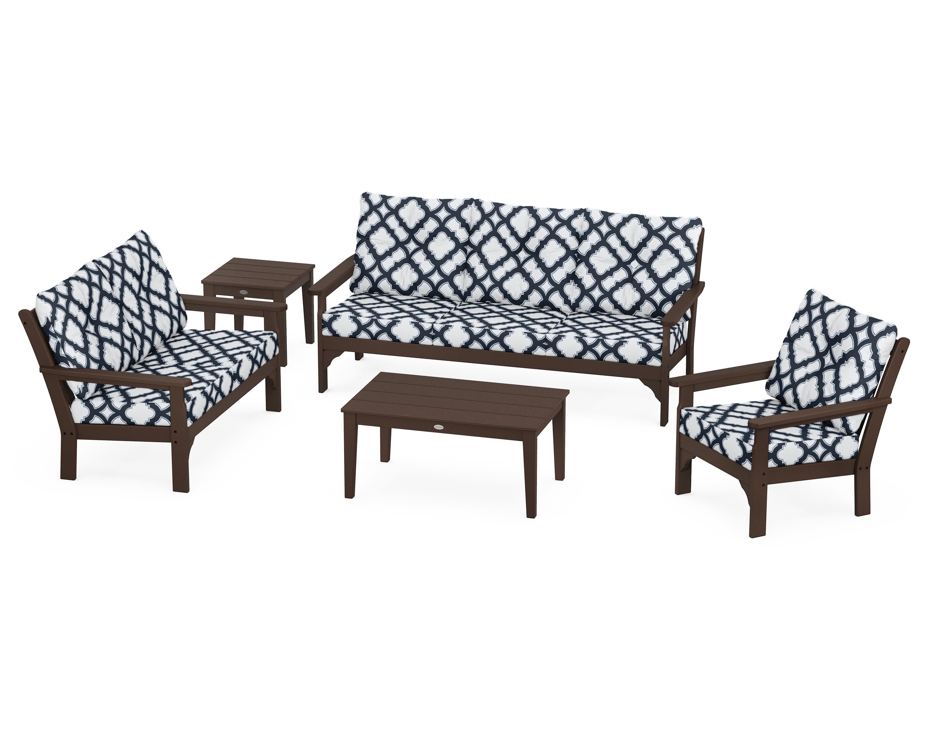 Vineyard 5 Piece Deep Seating Set in Mahogany / Trellis Marine Indigo