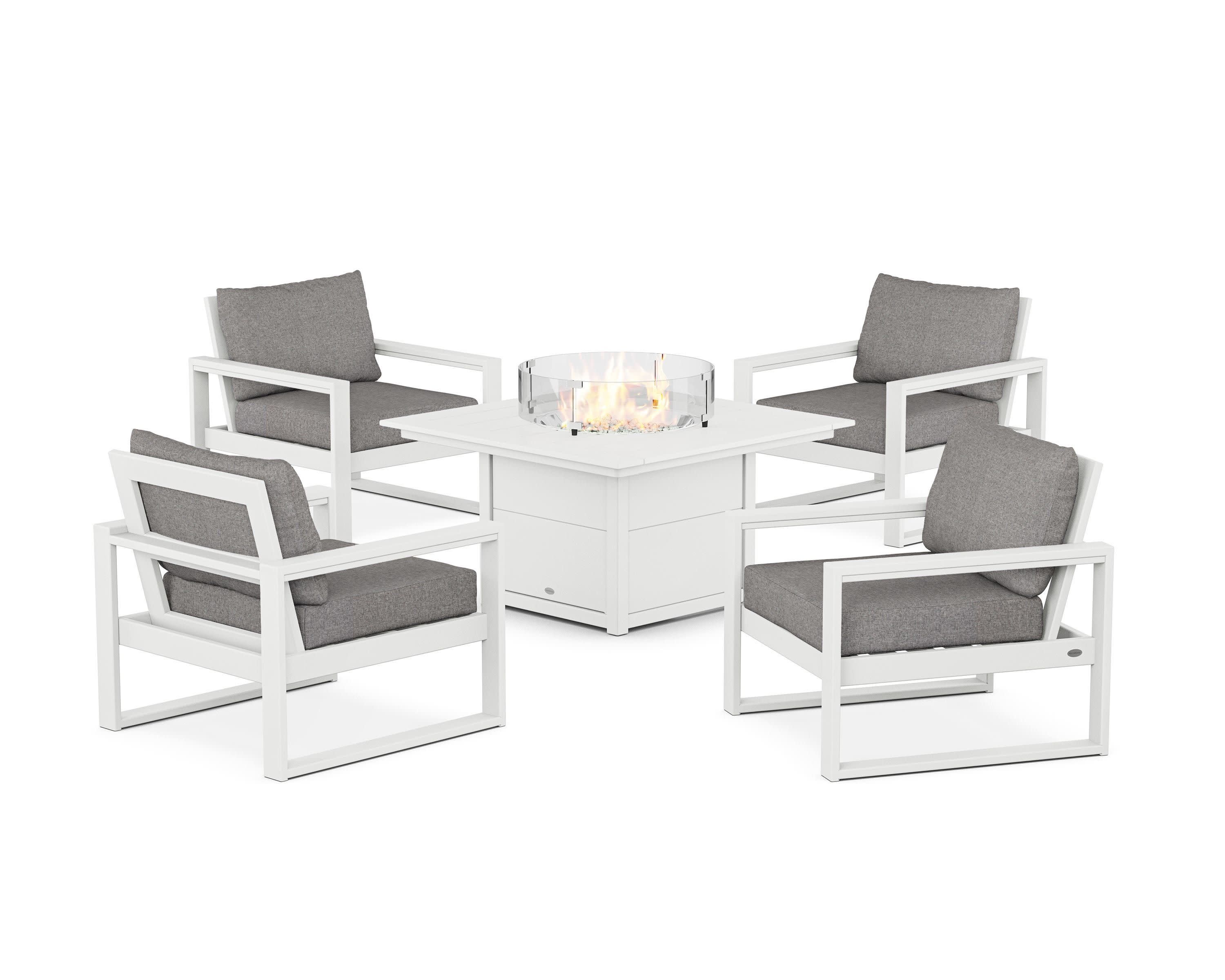 EDGE Sectional 5-Piece Deep Seating Set with Fire Pit Table in White / Grey Mist