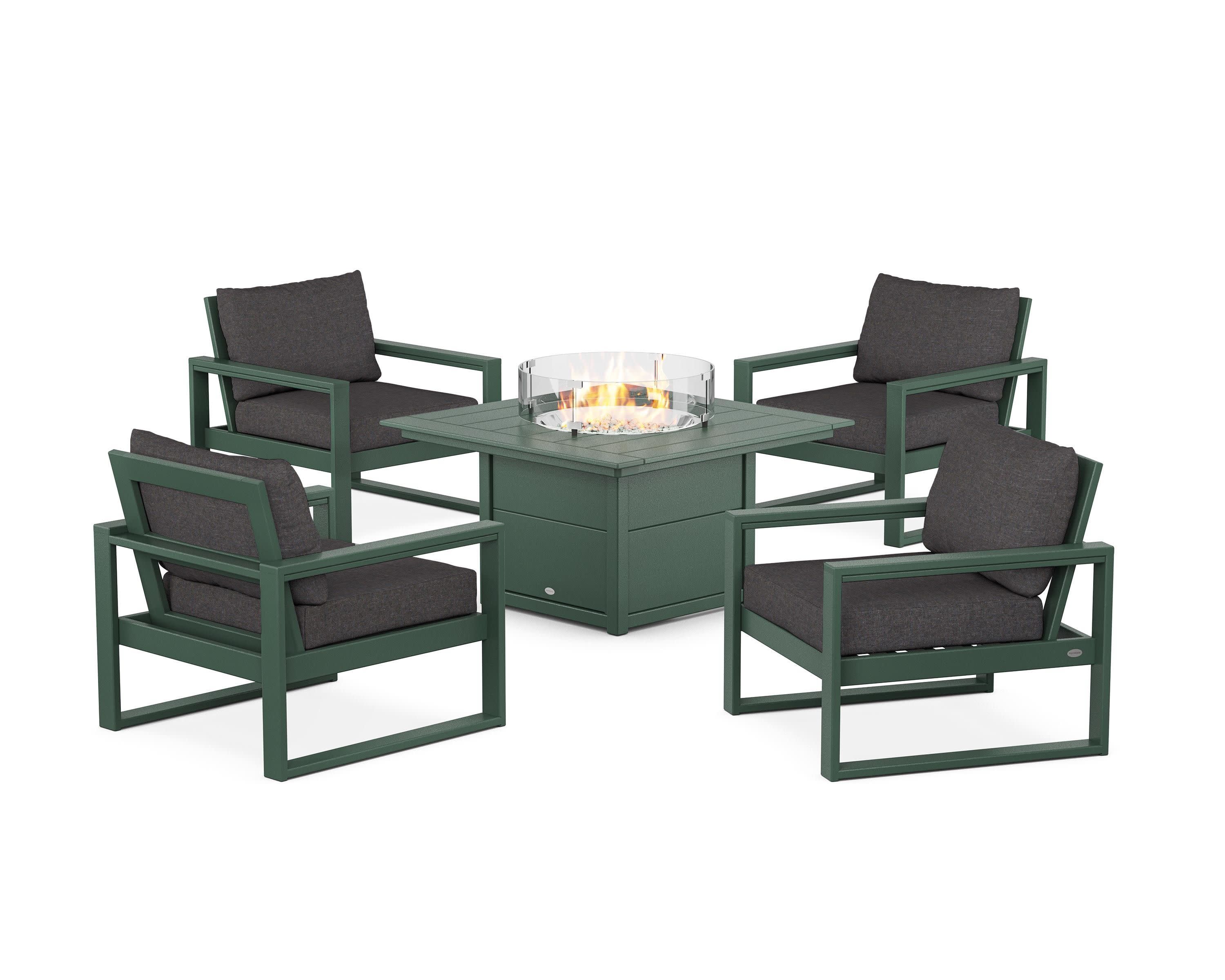 EDGE Sectional 5-Piece Deep Seating Set with Fire Pit Table in Green / Ash Charcoal