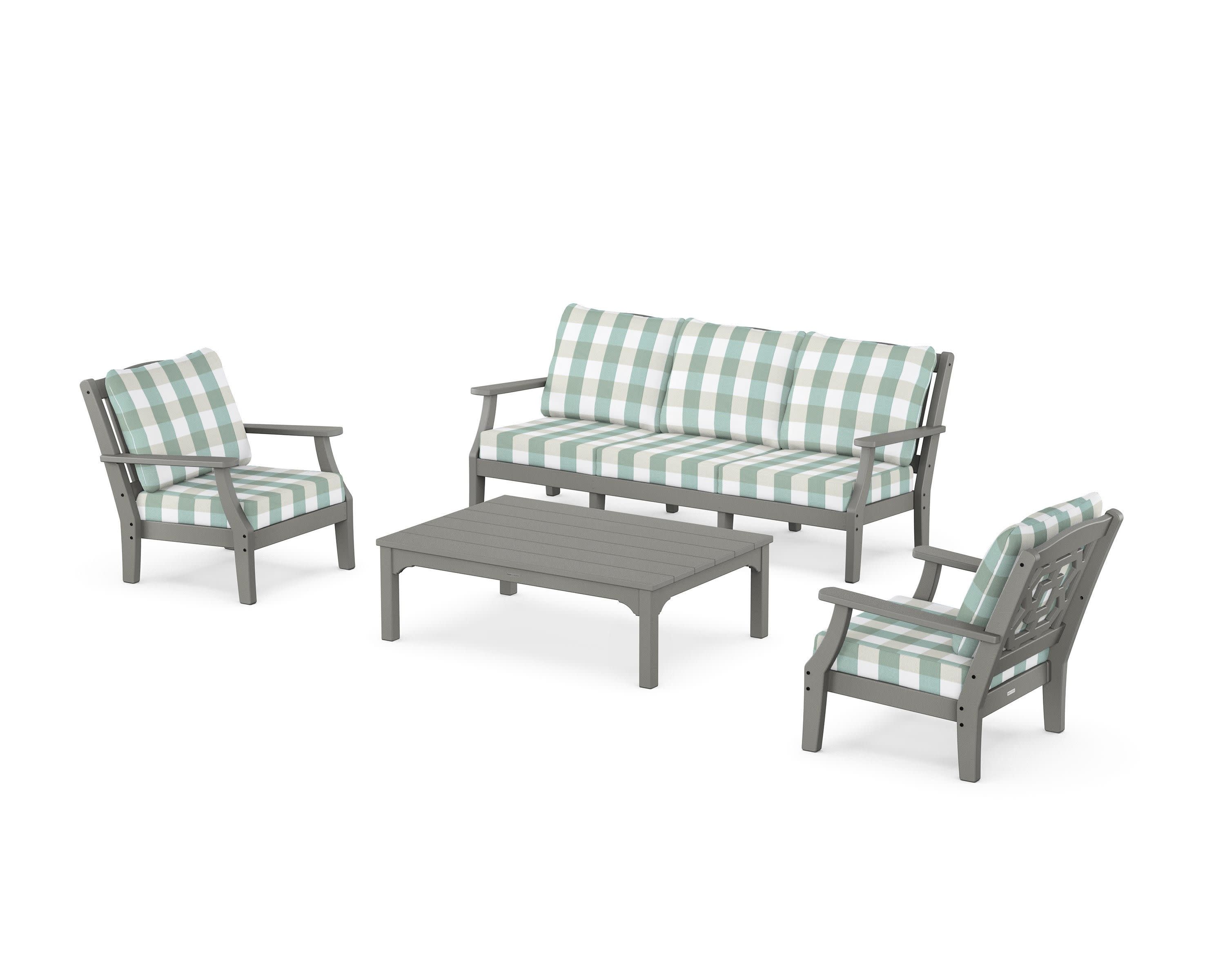 Chinoiserie 4-Piece Deep Seating Set with Sofa in Slate Grey / Buffalo Plaid Glacier Spa