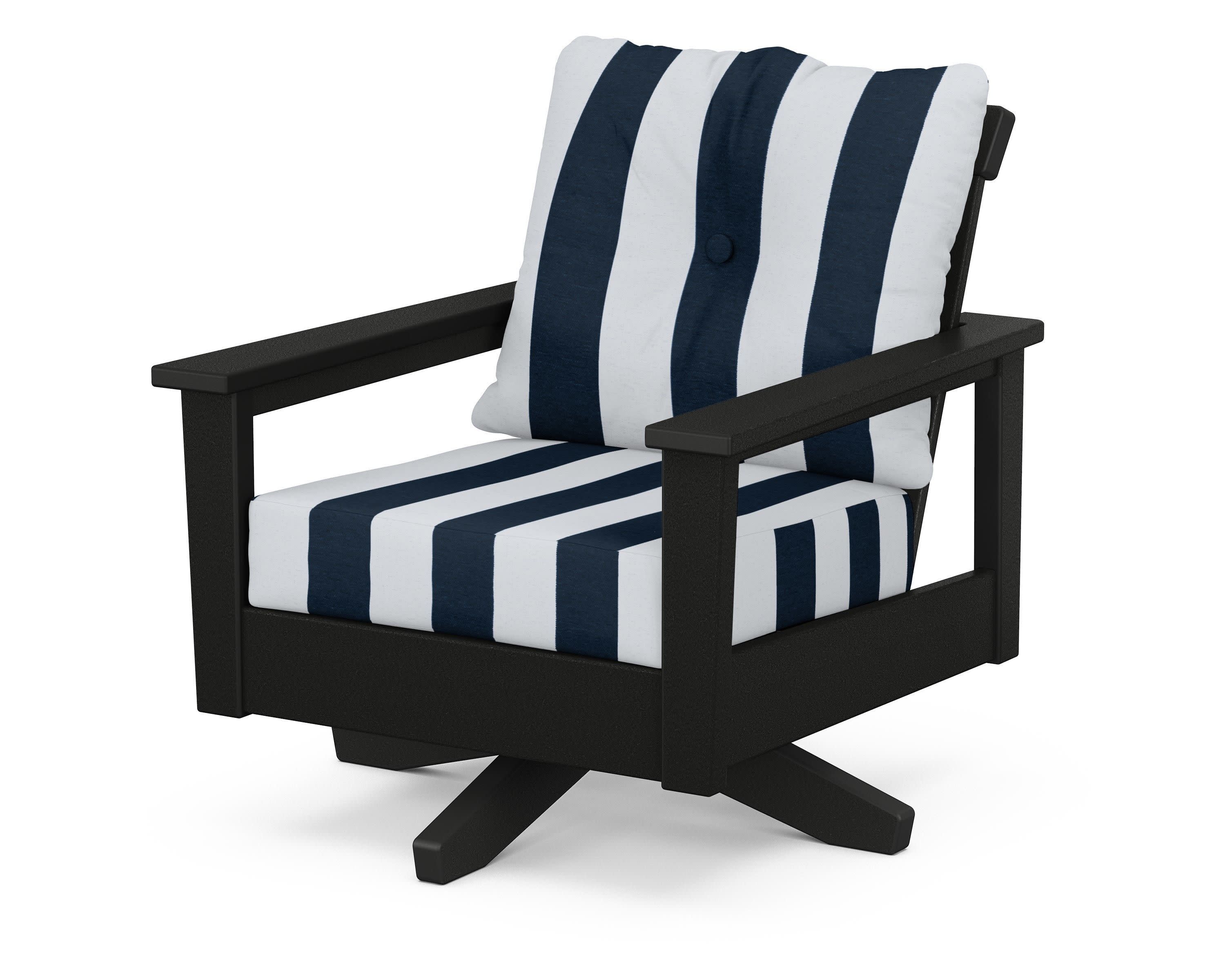 Prescott Deep Seating Swivel Chair in Black / Cabana Stripe Marine Indigo