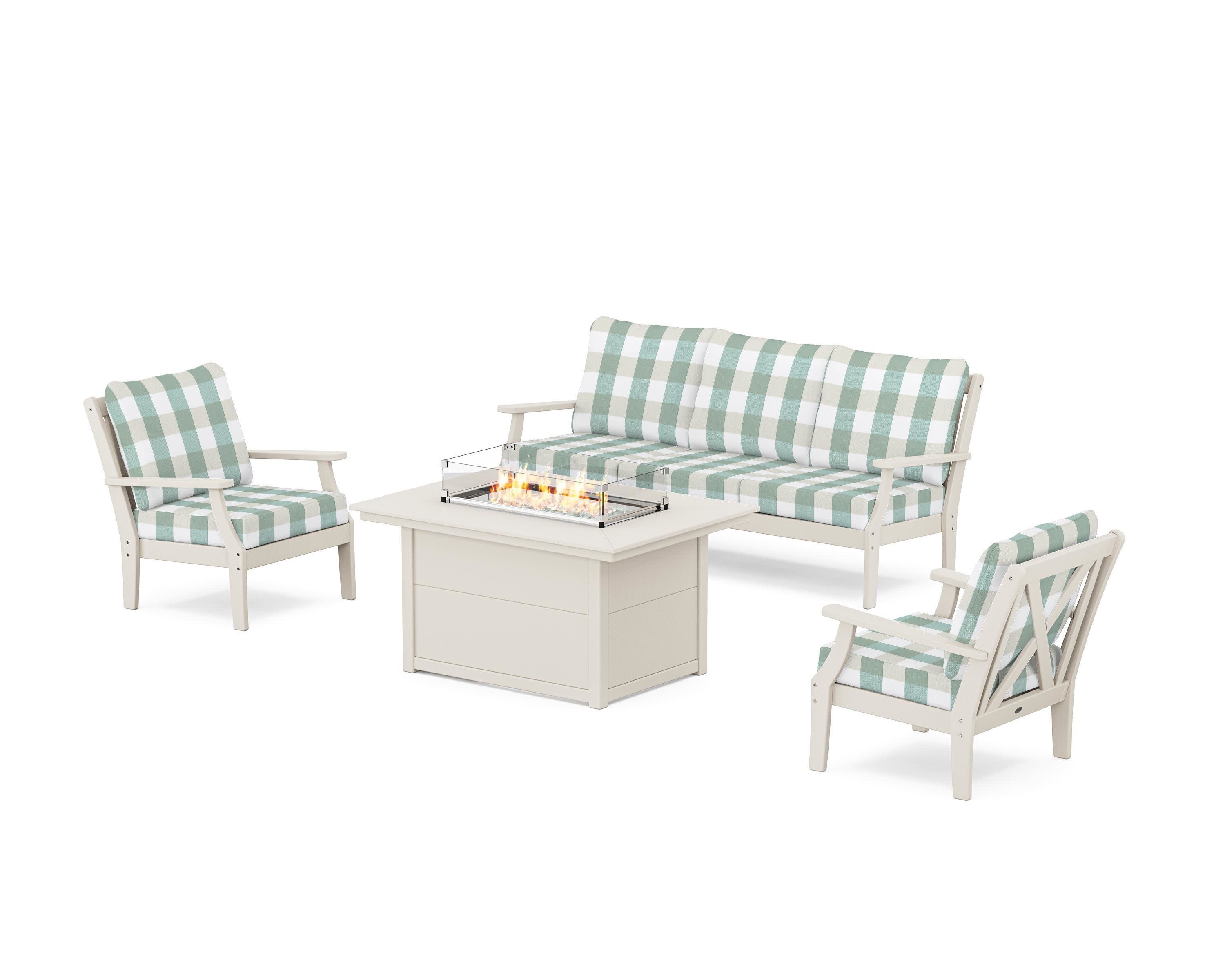 Braxton Deep Seating Fire Pit Table Set in Sand / Buffalo Plaid Glacier Spa