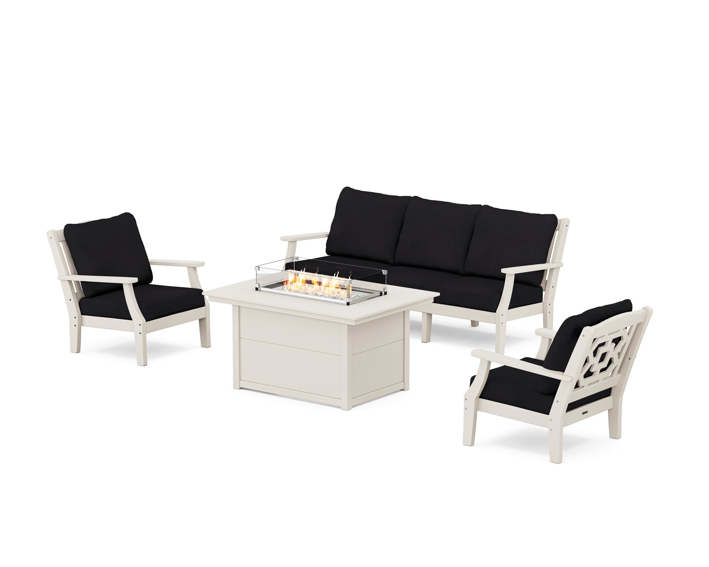Chinoiserie Deep Seating Fire Pit Table Set in Sand / Midnight Linen