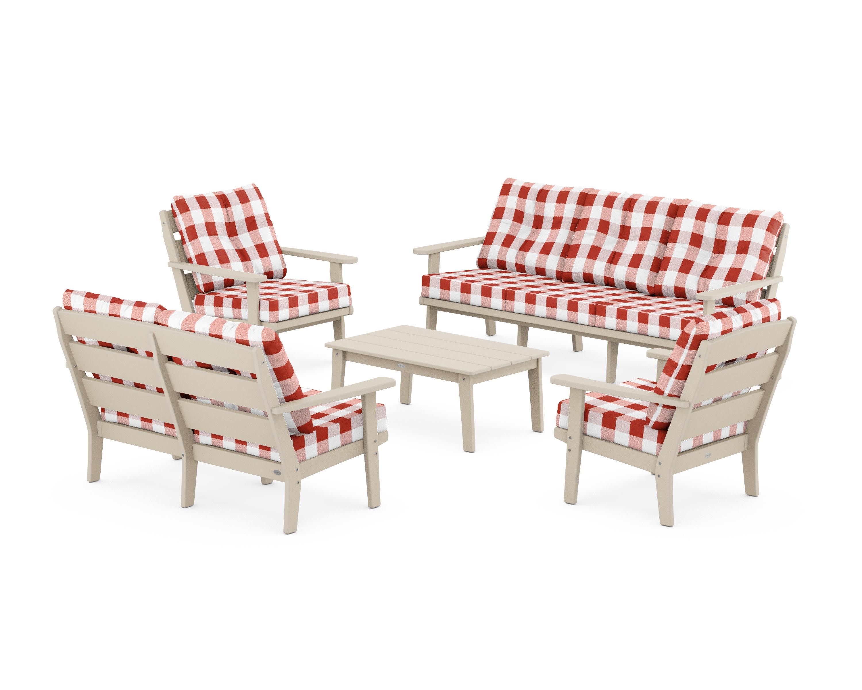 Lakeside 5-Piece Lounge Sofa Set in Sand / Buffalo Plaid Crimson