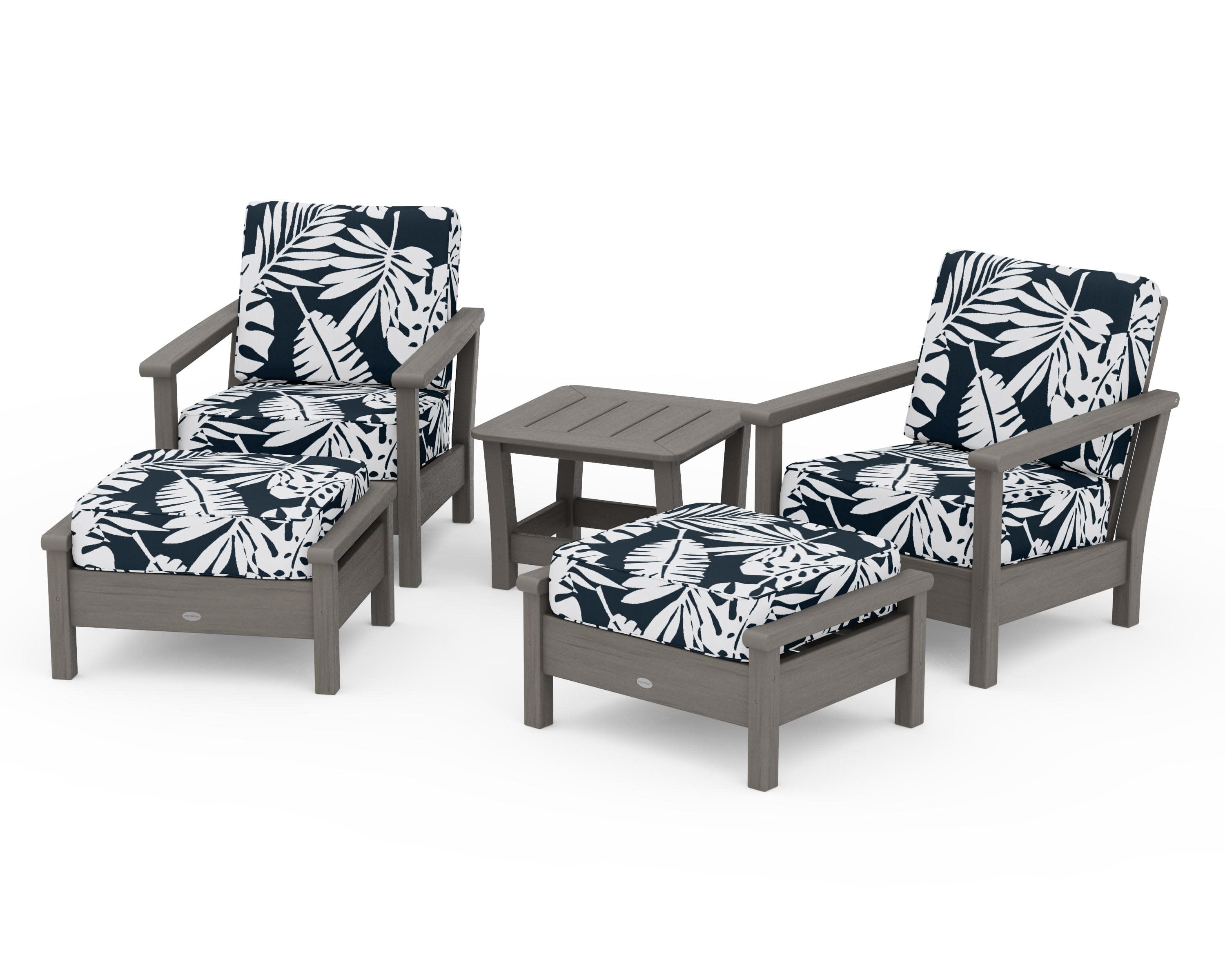 Harbour 5-Piece Deep Seating Chair Set in Driftwood / Leaf Marine Indigo