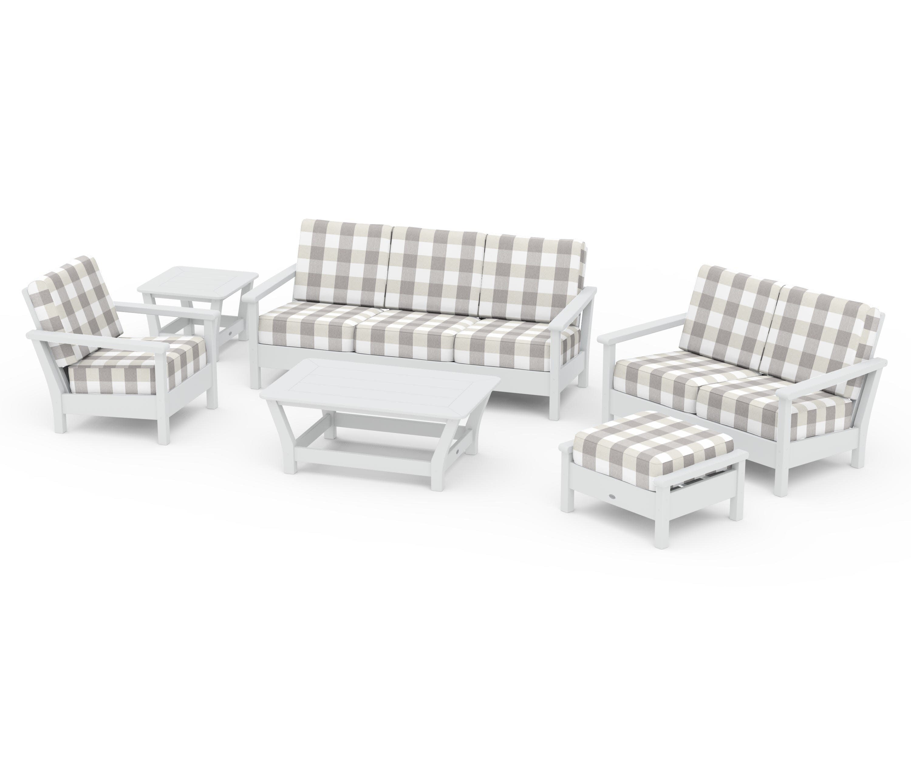 Harbour 6-Piece Outdoor Living Set in White / Buffalo Plaid Grey Mist