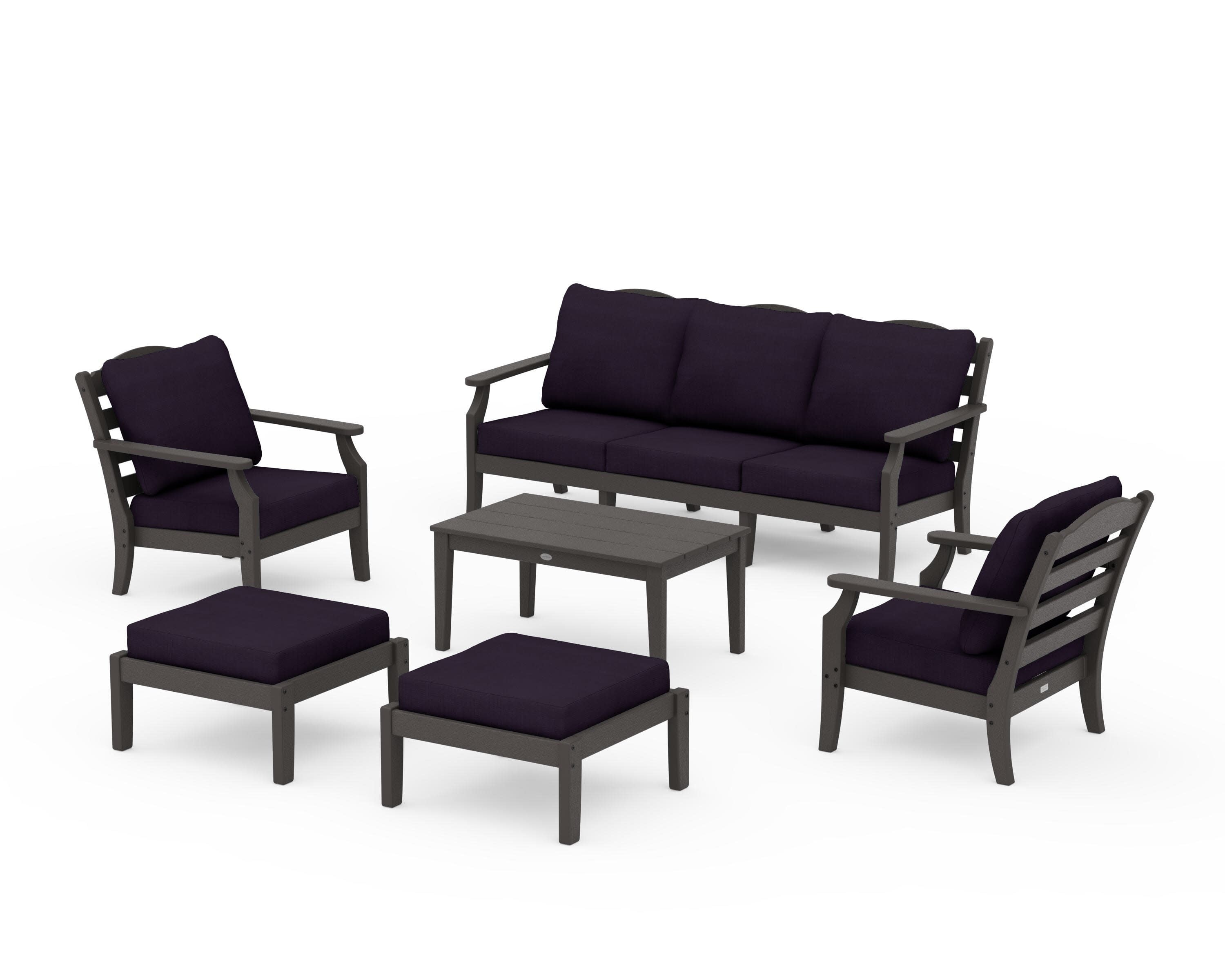 Savannah 6-Piece Lounge Sofa Set in Vintage Coffee / Navy Linen