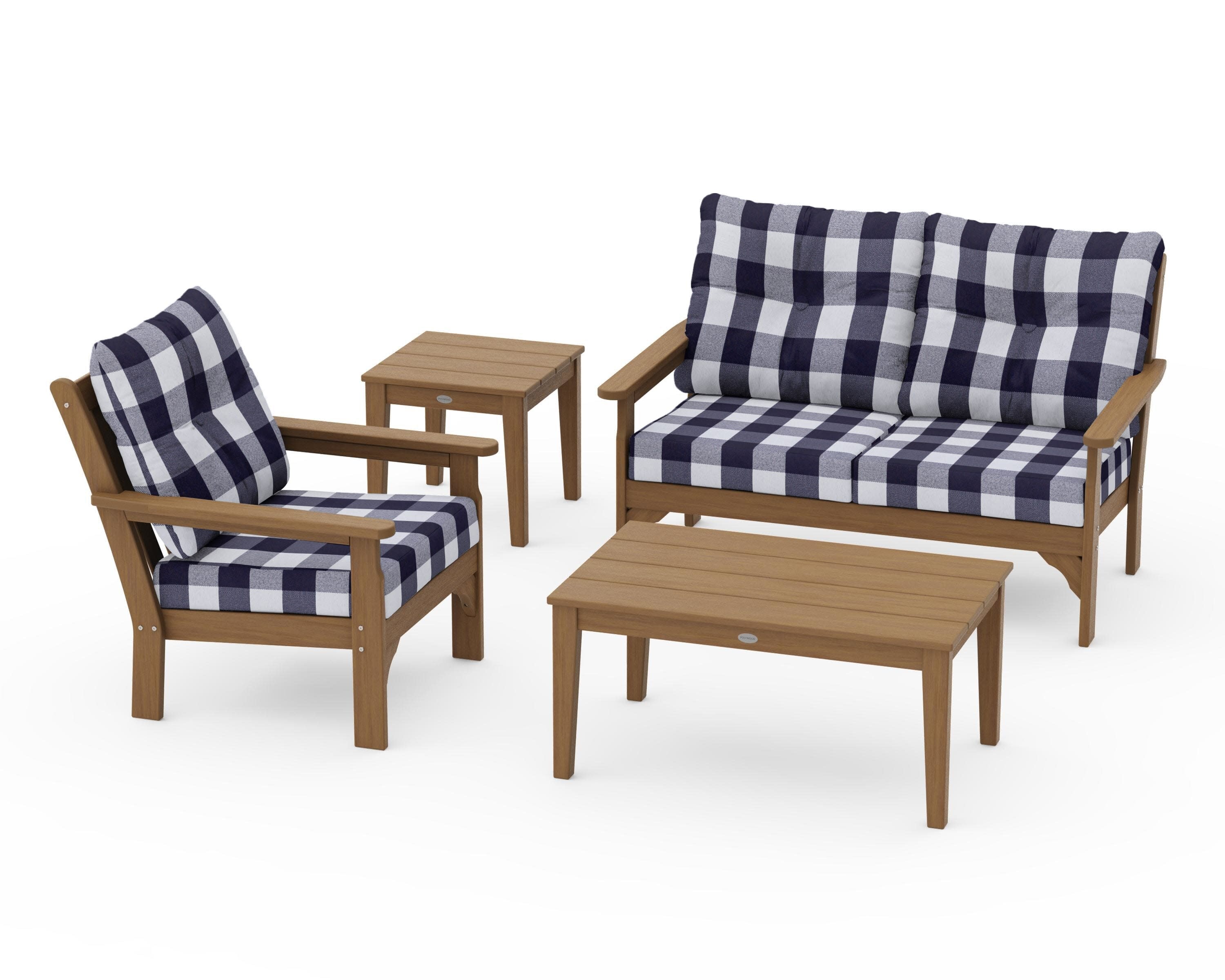 Vineyard 4-Piece Deep Seating Set in Natural / Buffalo Plaid Navy