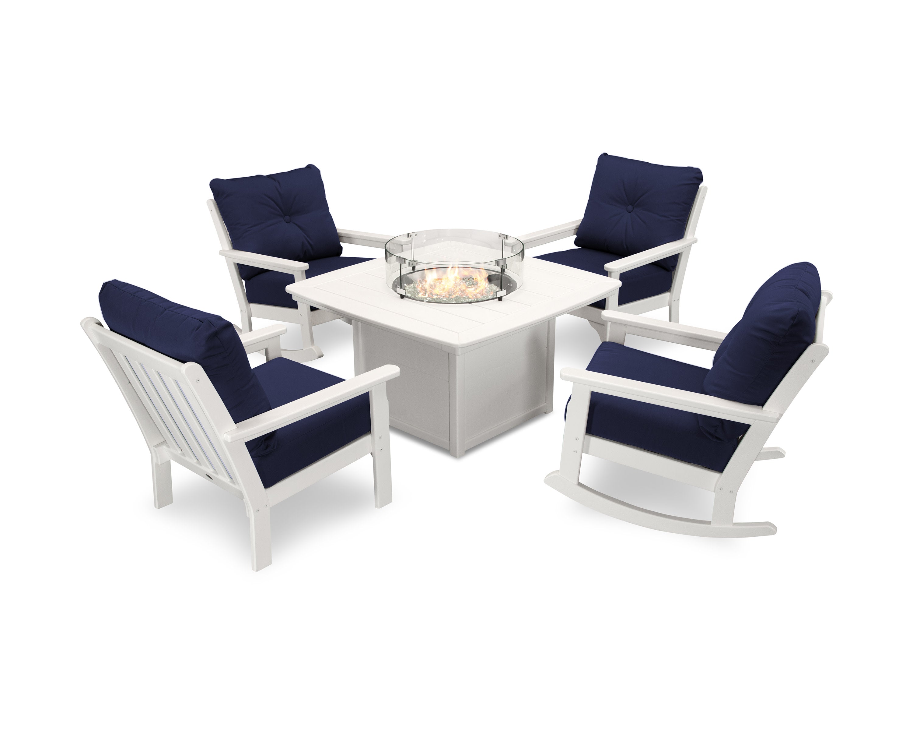 Vineyard 5-Piece Deep Seating Rocking Chair Conversation Set with Fire Pit Table in White / Navy