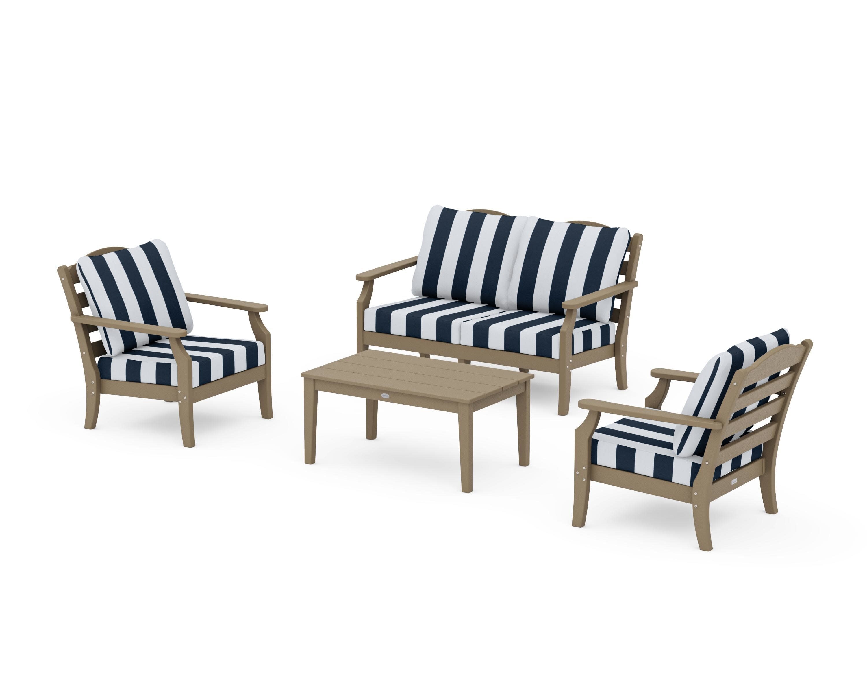 Savannah 4-Piece Deep Seating Set with Loveseat in Vintage Sahara / Cabana Stripe Marine Indigo
