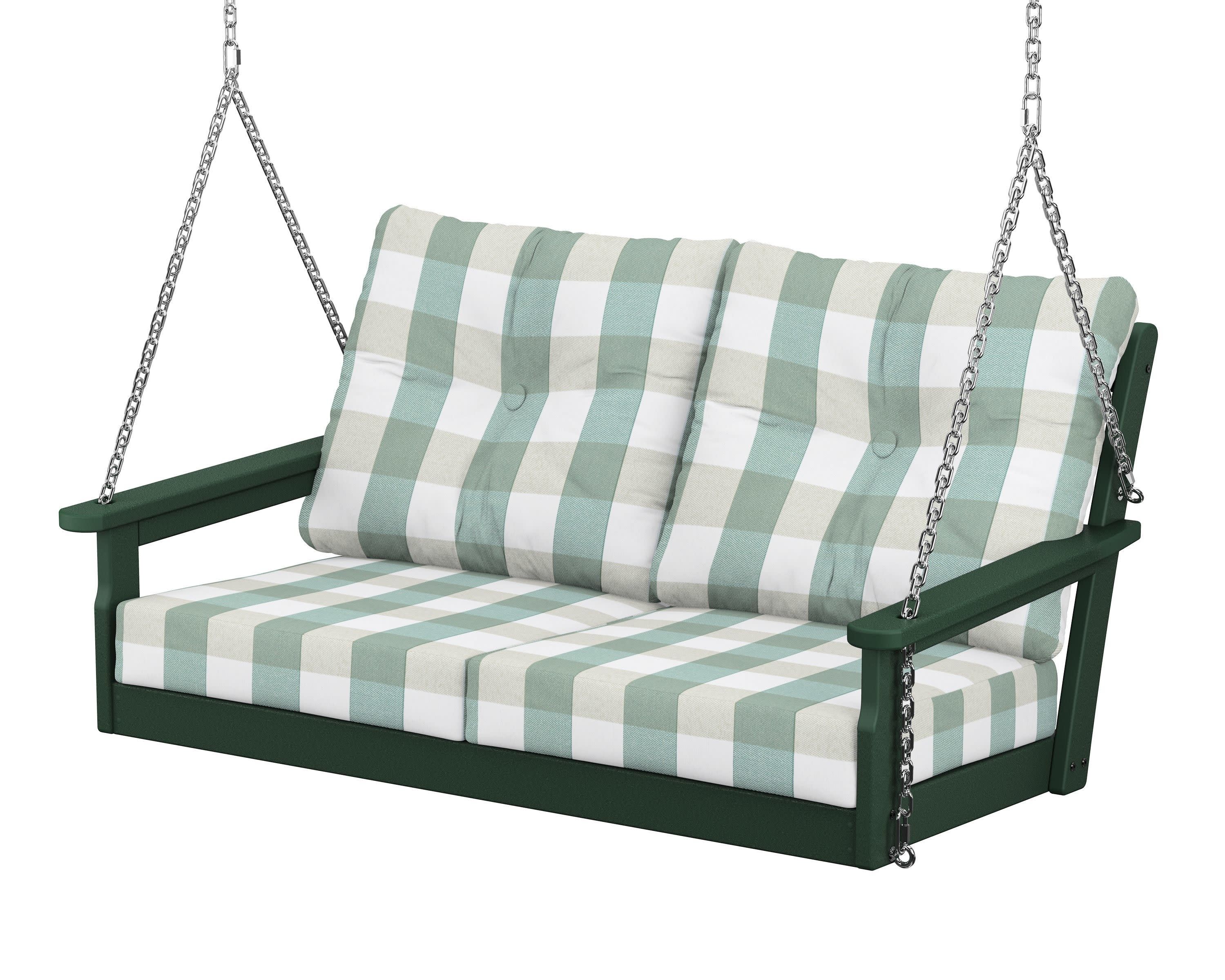 Vineyard Deep Seating Swing in Green / Buffalo Plaid Glacier Spa