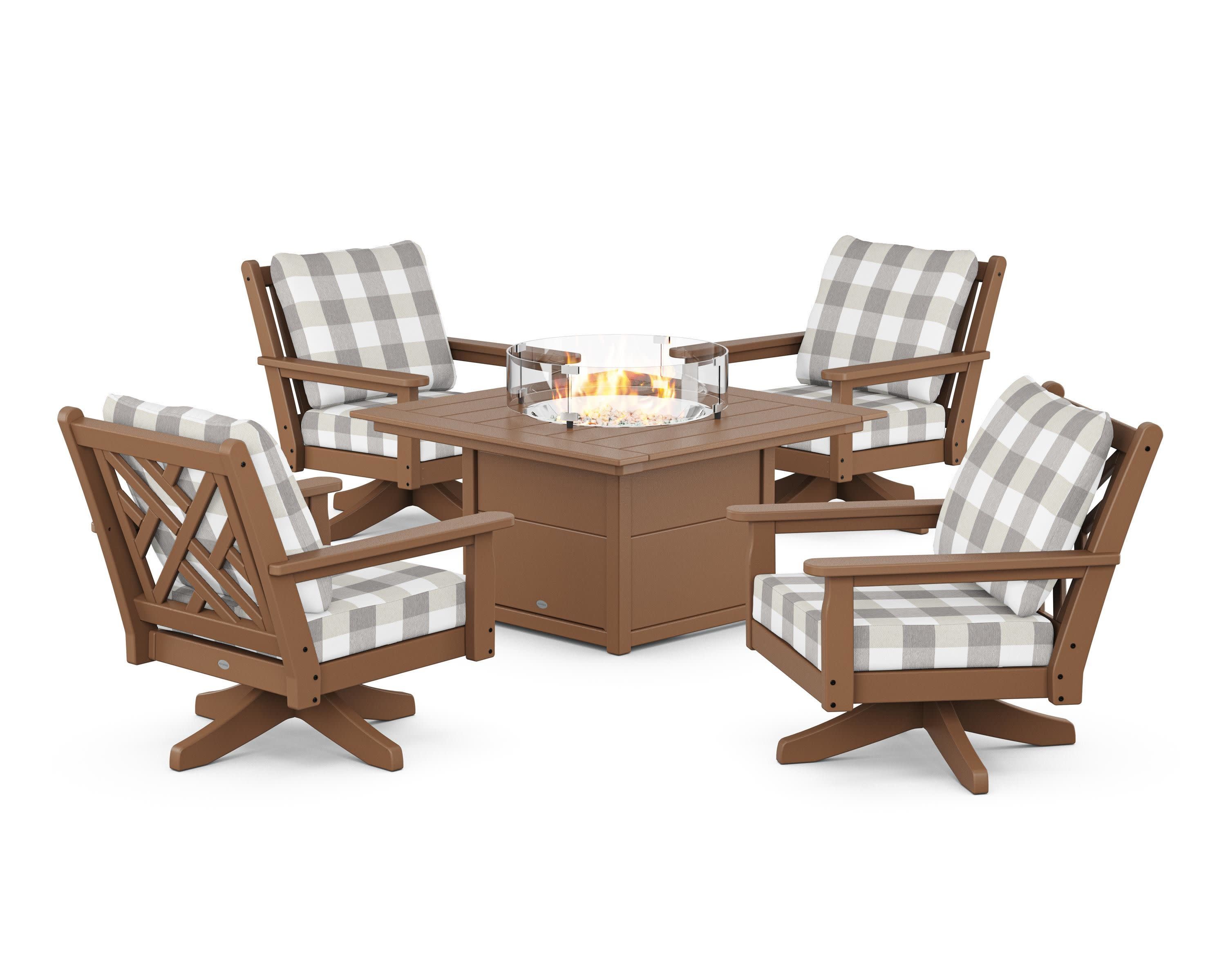 Chippendale 5-Piece Deep Seating Swivel Conversation Set with Fire Pit Table in Teak / Buffalo Plaid Grey Mist