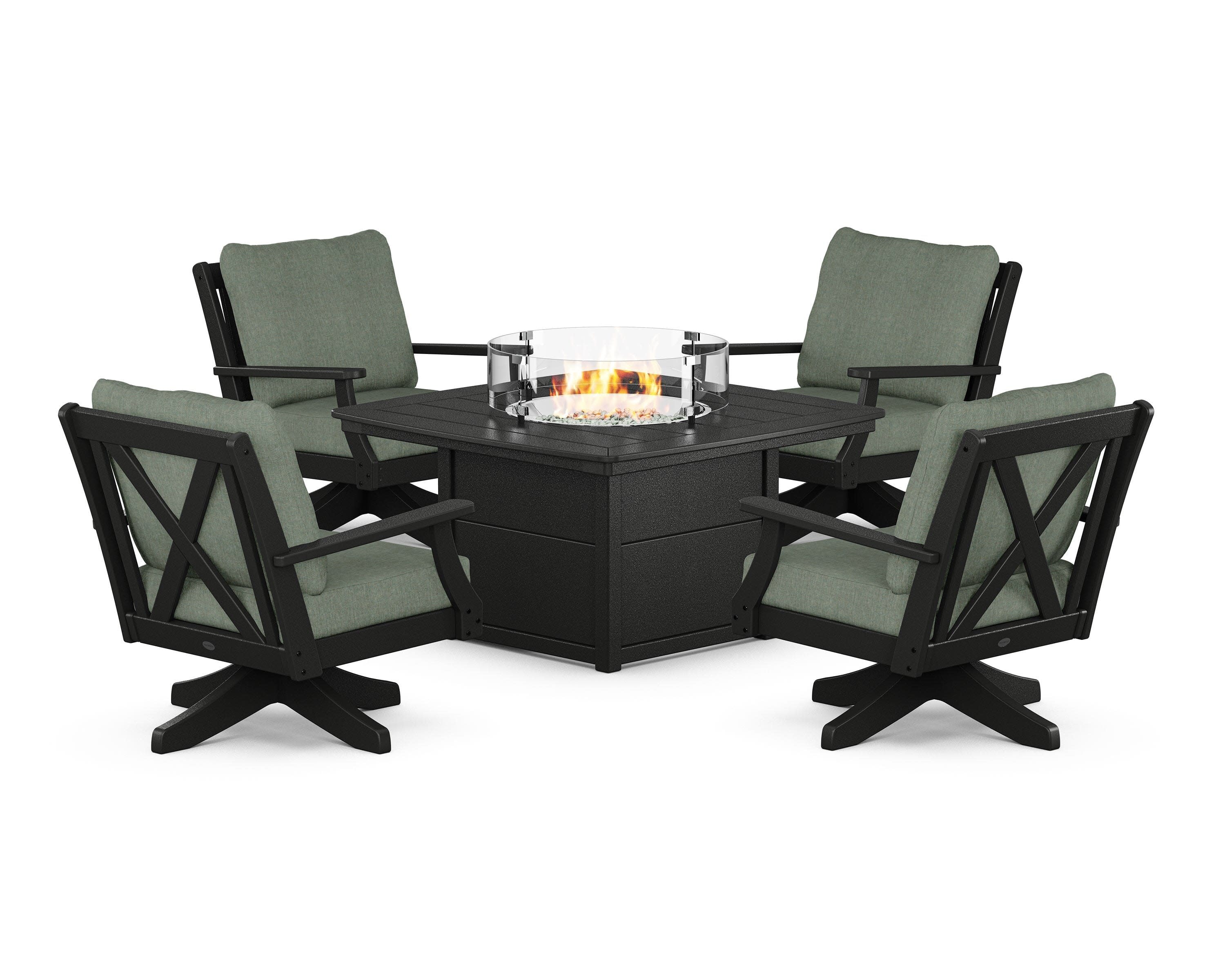 Braxton 5-Piece Deep Seating Swivel Conversation Set with Fire Pit Table in Black / Cast Sage