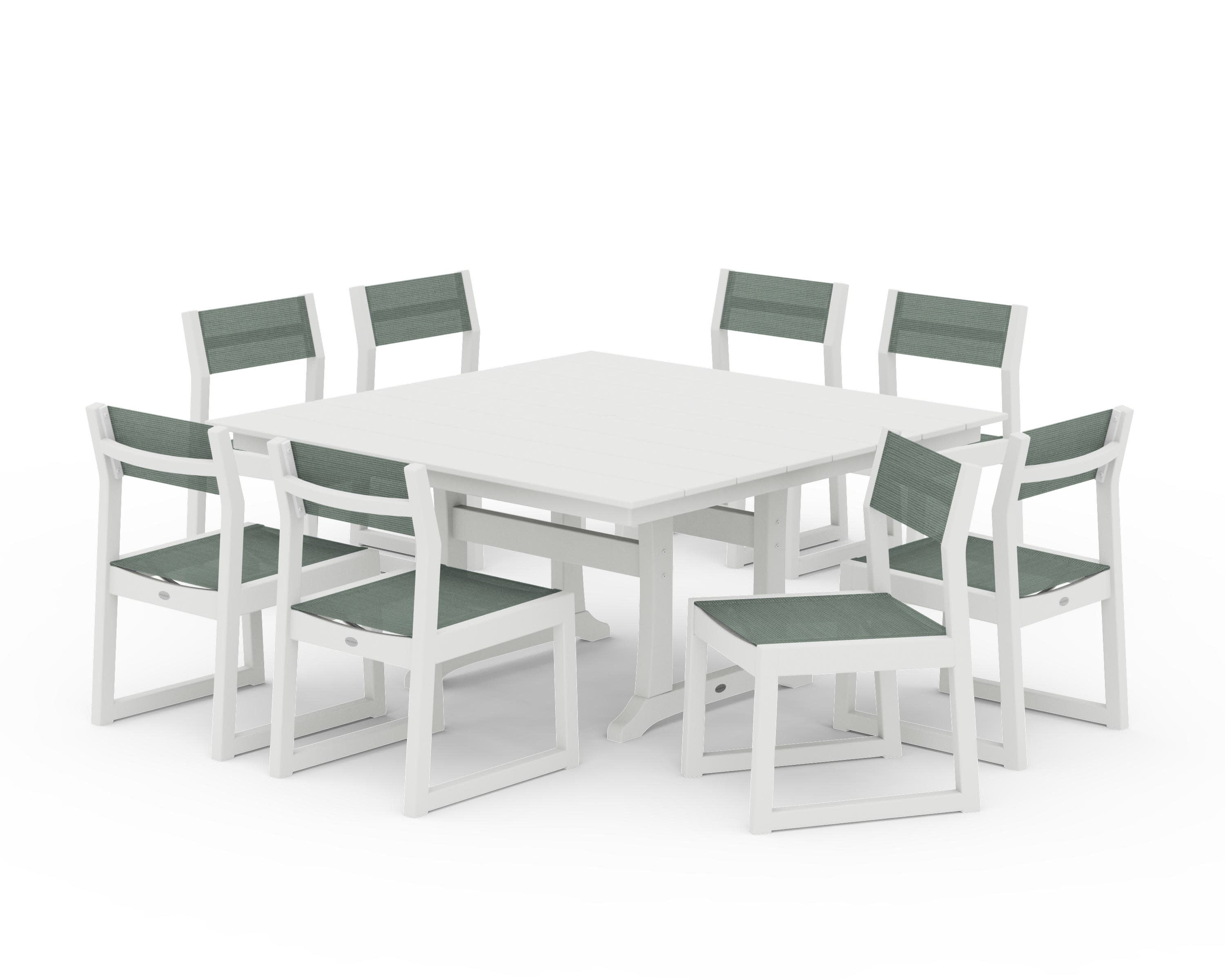 EDGE Sling Side Chair 9-Piece Farmhouse Trestle Dining Set in Vintage White / Dupioni Sea Mist Sling