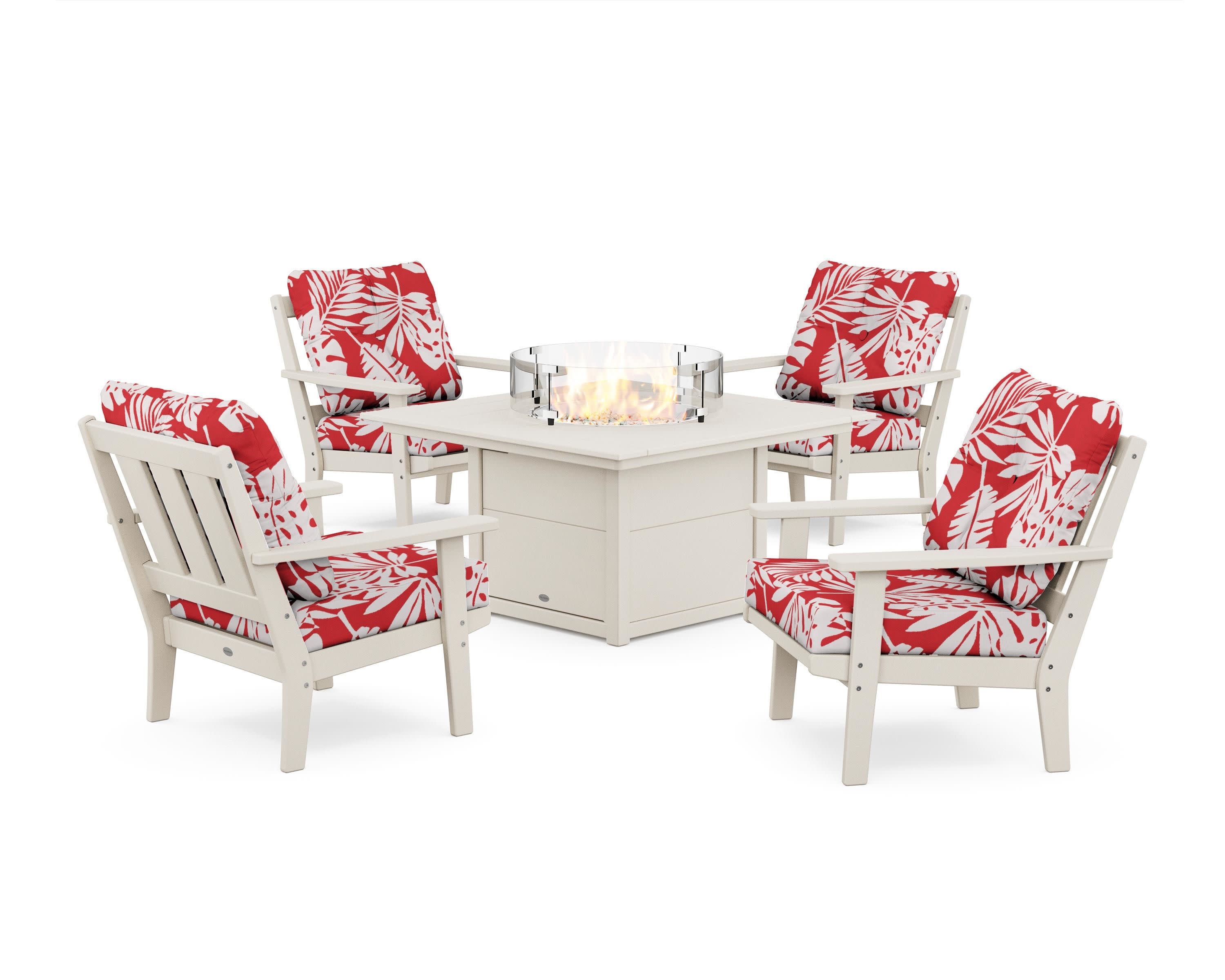 Oxford 5-Piece Deep Seating Set with Fire Pit Table in Sand / Leaf Crimson