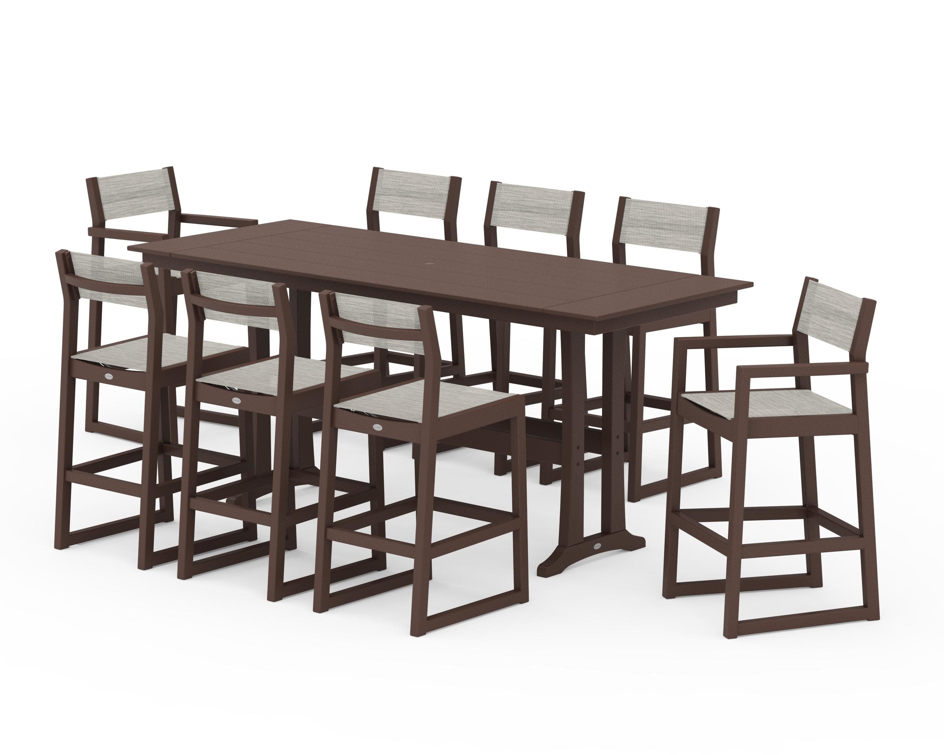 EDGE Sling 9-Piece Farmhouse Bar Set with Trestle Legs in Mahogany / Birch Sling