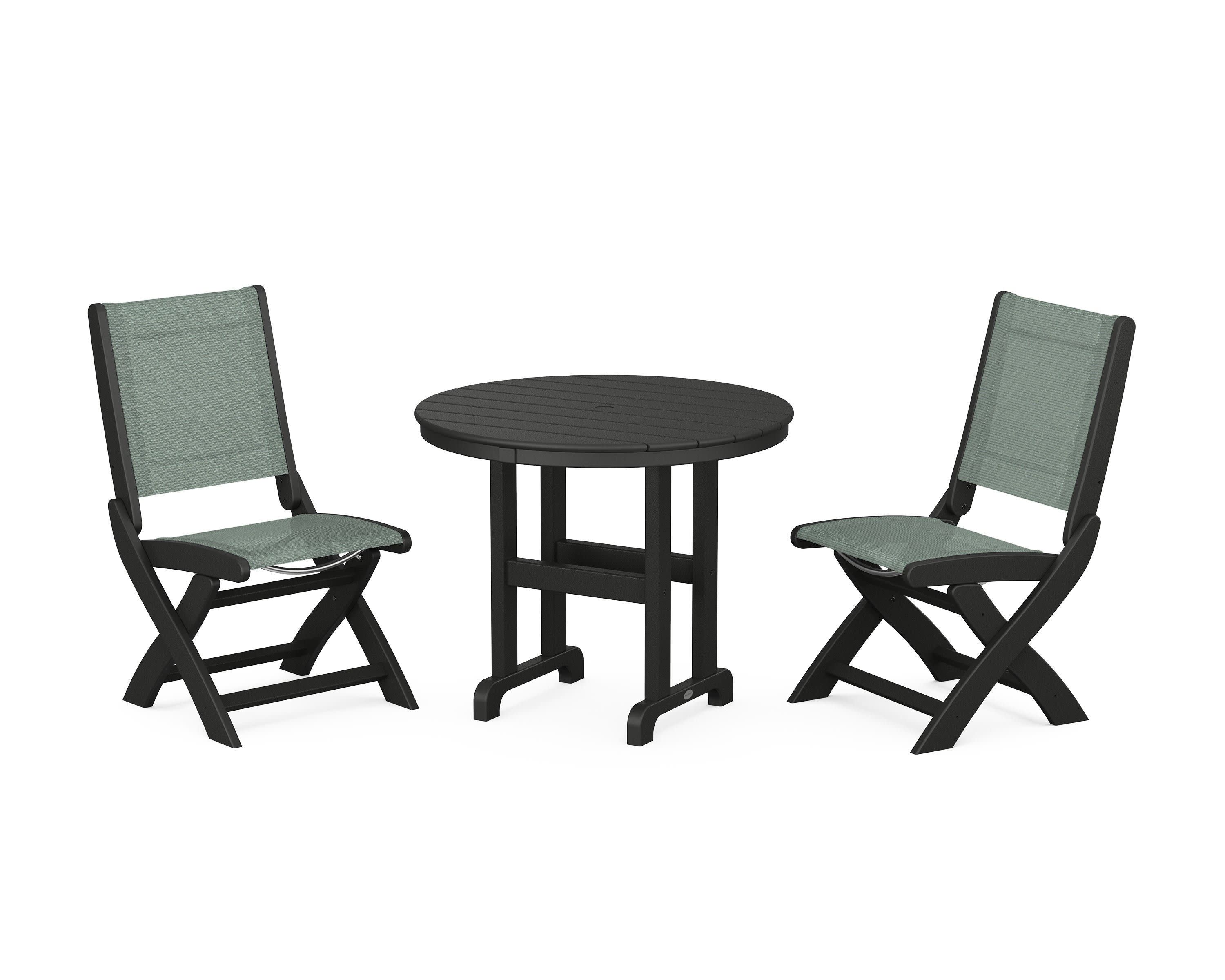 Coastal Folding Side Chair 3-Piece Round Dining Set in Black / Dupioni Sea Mist Sling