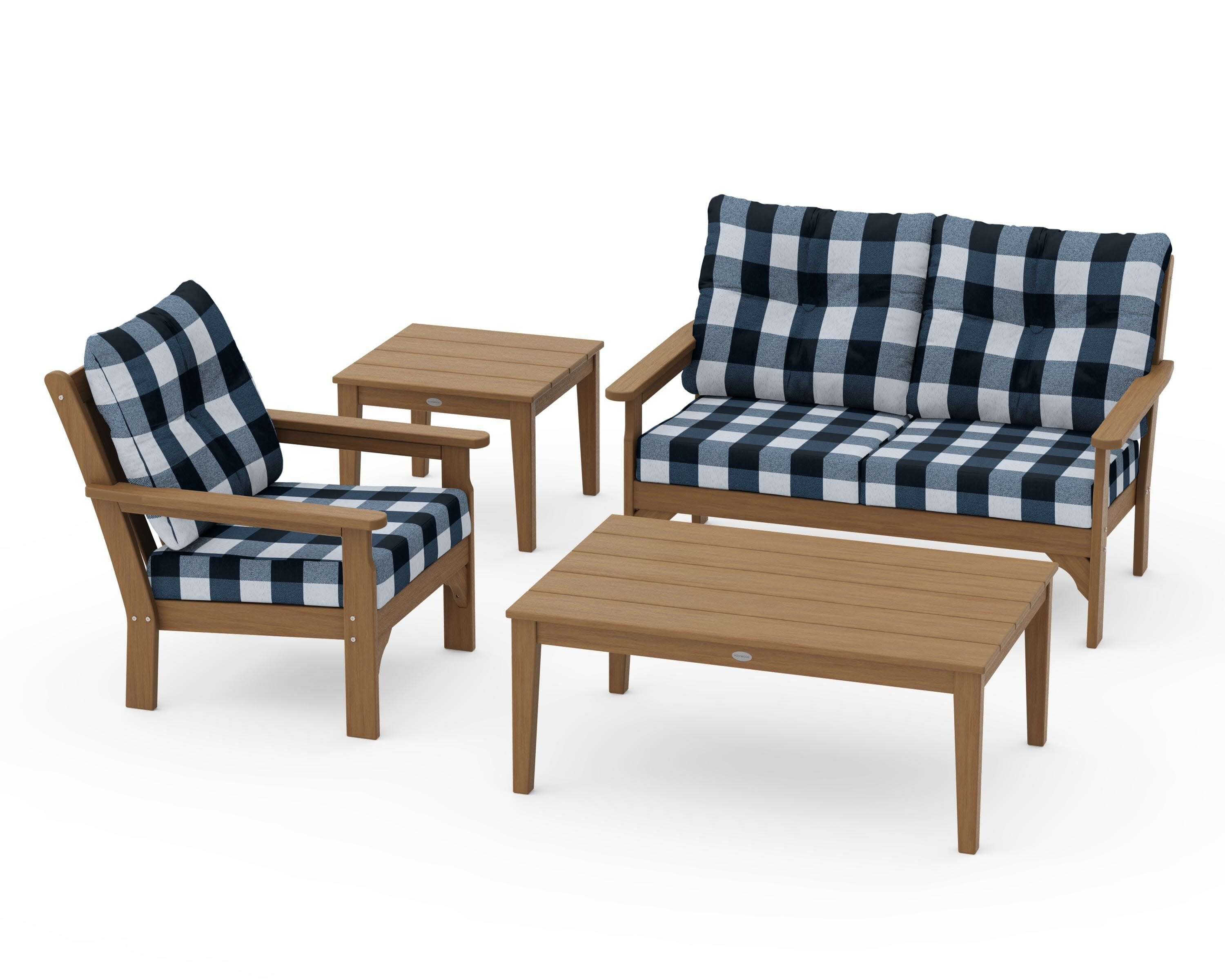 Vineyard 4-Piece Deep Seating Set in Natural / Buffalo Plaid Marine Indigo